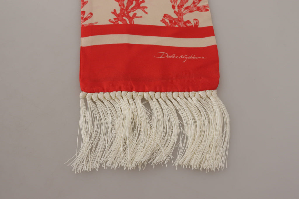 Dolce & Gabbana White Red Coral Print Shawl Wrap Fringe Scarf