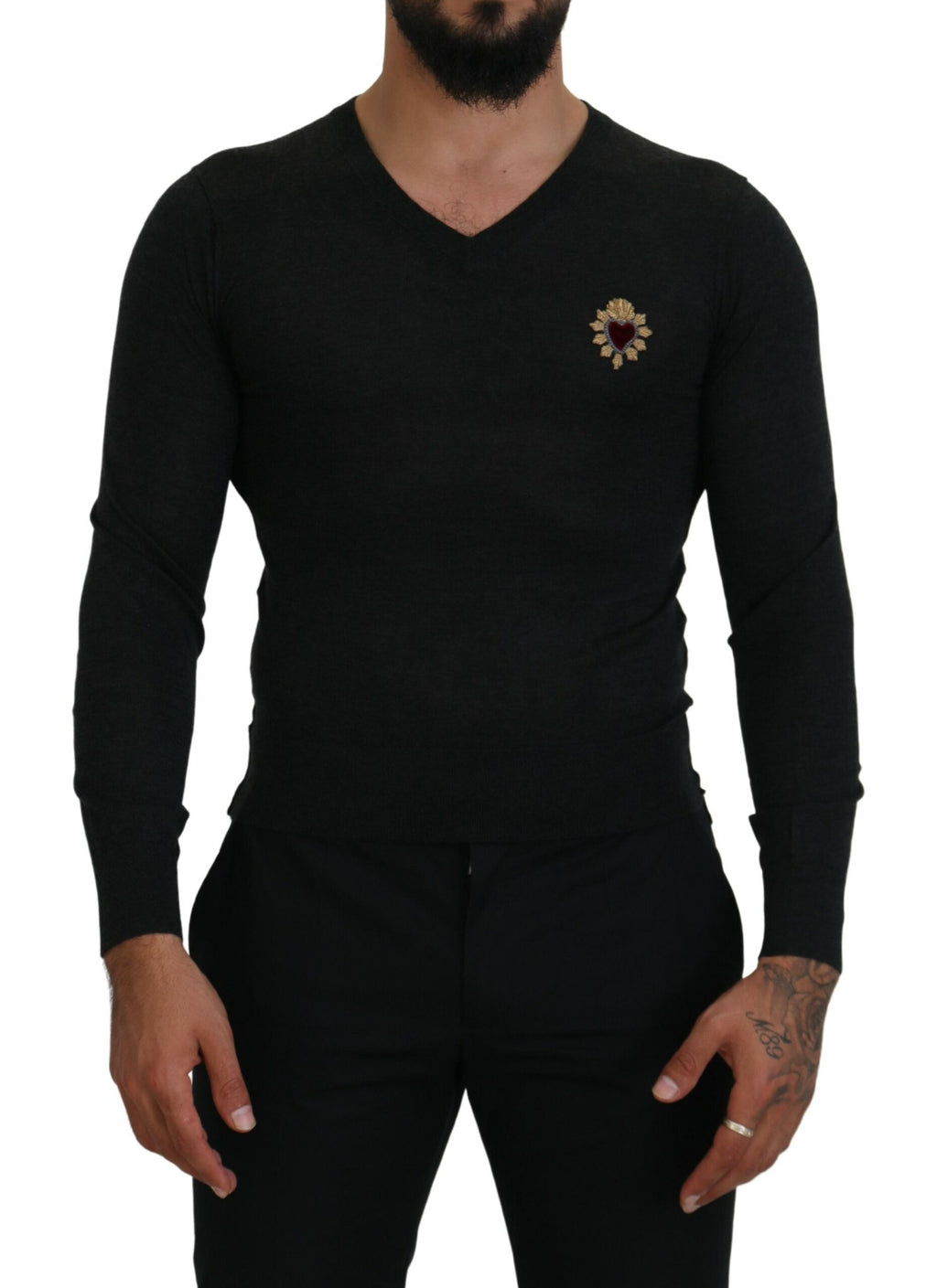 Dolce & Gabbana V-Neck Cashmere Sweater with Heart Embroidery
