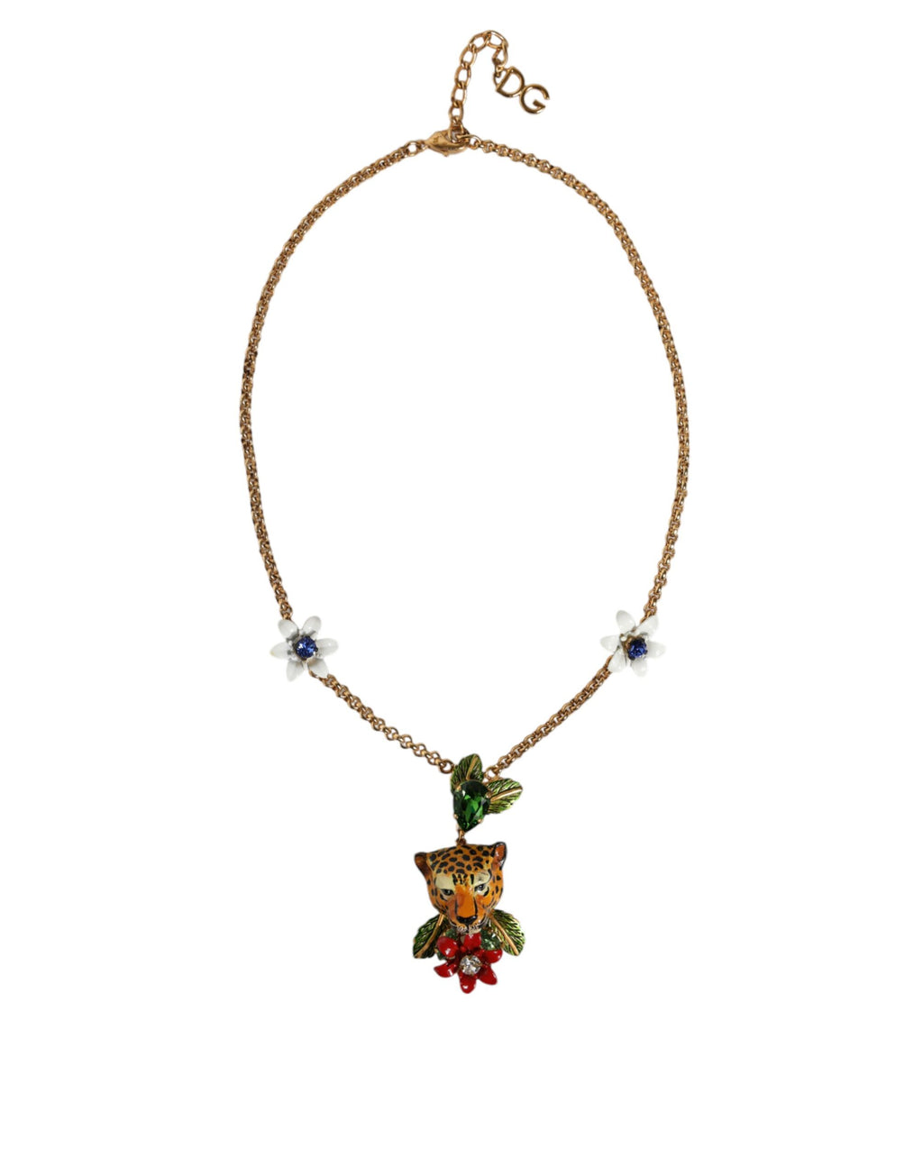 Dolce & Gabbana Gold Brass Leopard Flower Embellished Statement Necklace