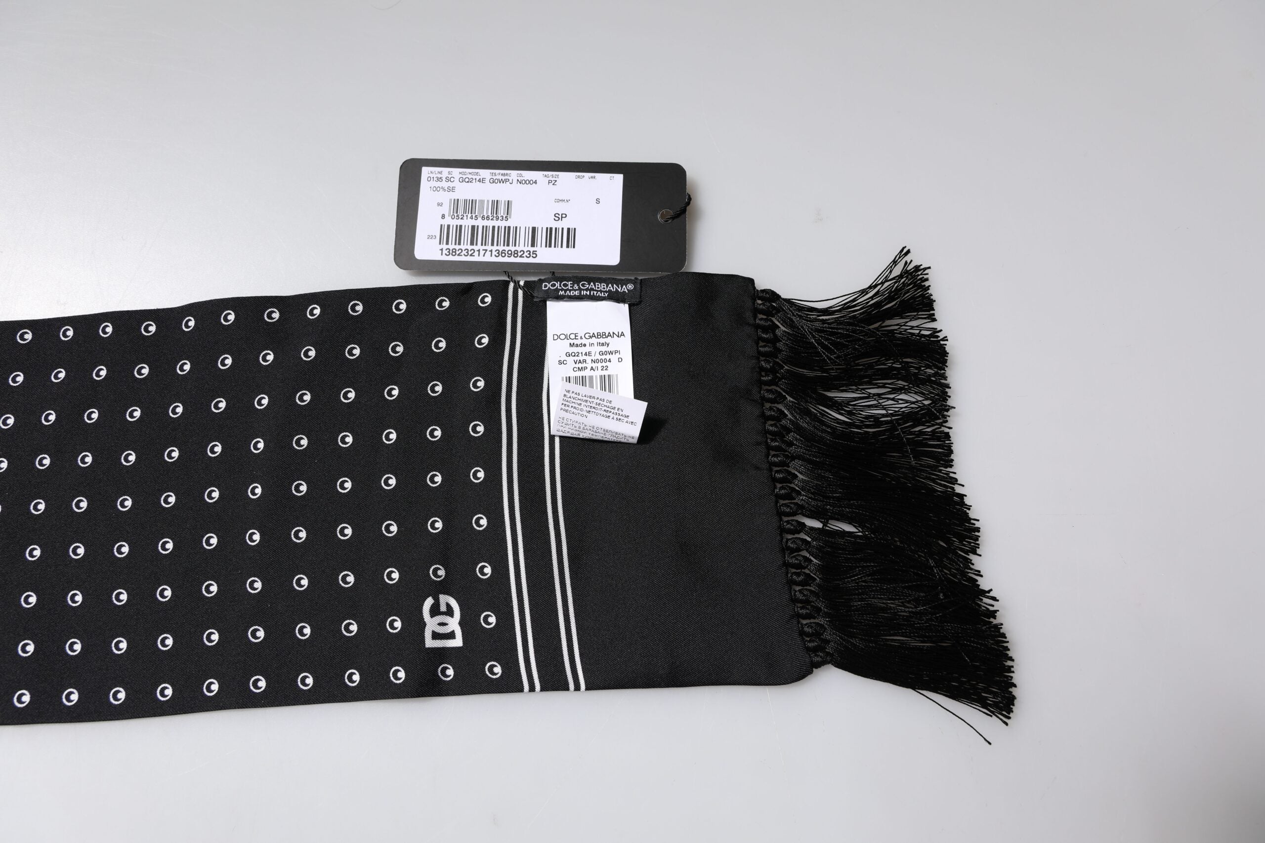 Dolce & Gabbana Black White Polka Dotted Silk Skinny Fringes Scarf