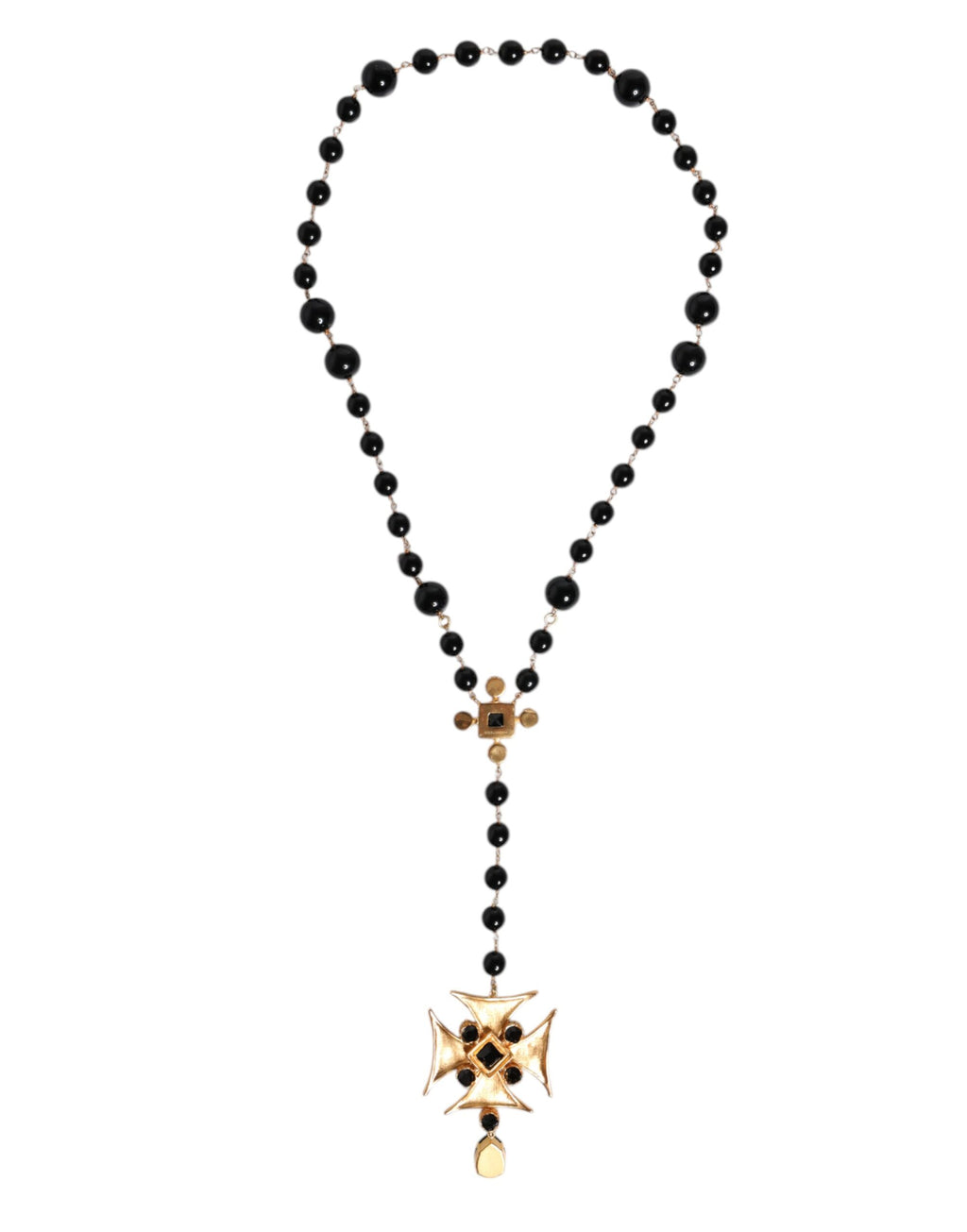 Dolce & Gabbana Gold Tone Brass Cross Black Beaded Chain Rosary Necklace