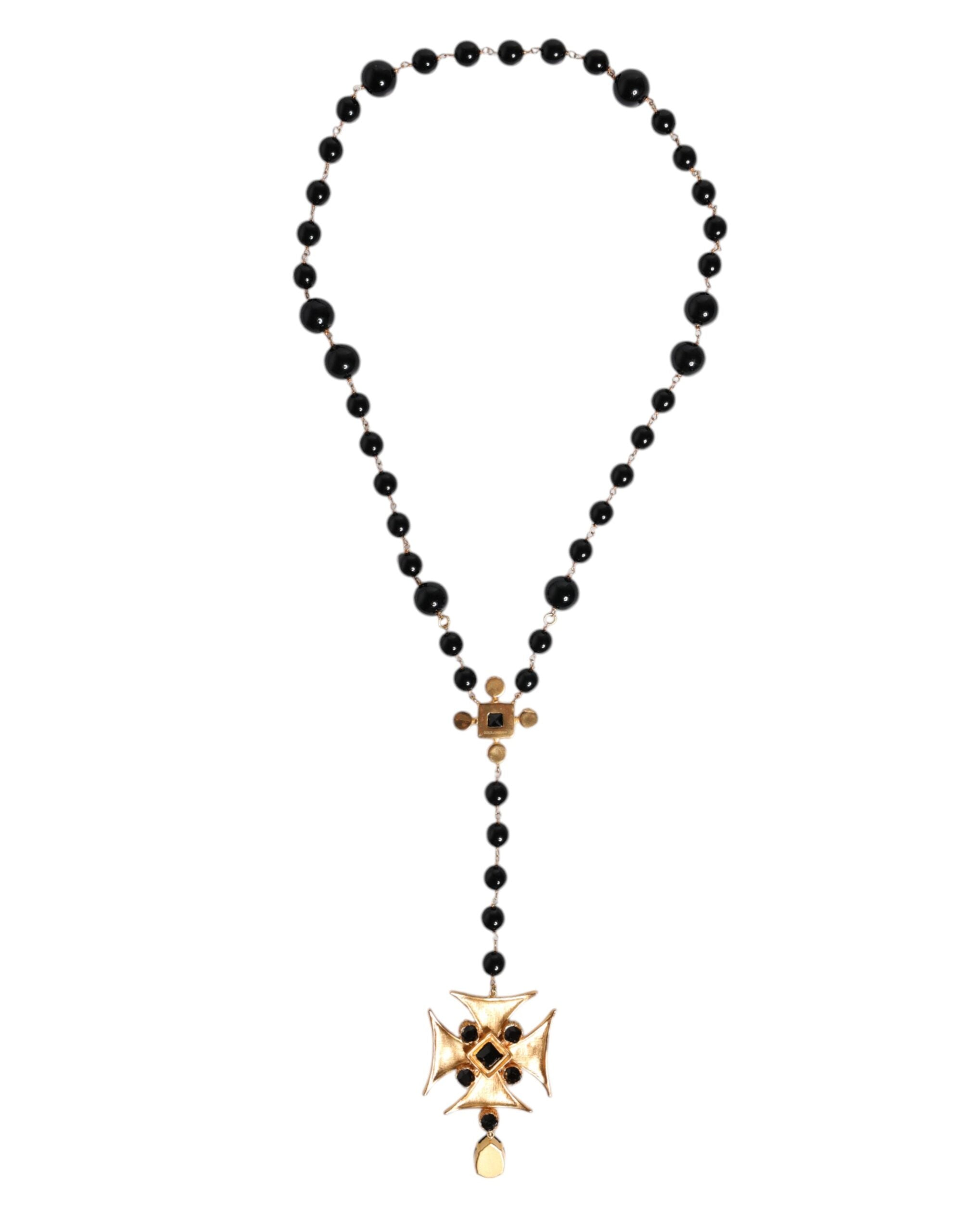 Dolce & Gabbana Gold Tone Brass Cross Black Beaded Chain Rosary Necklace