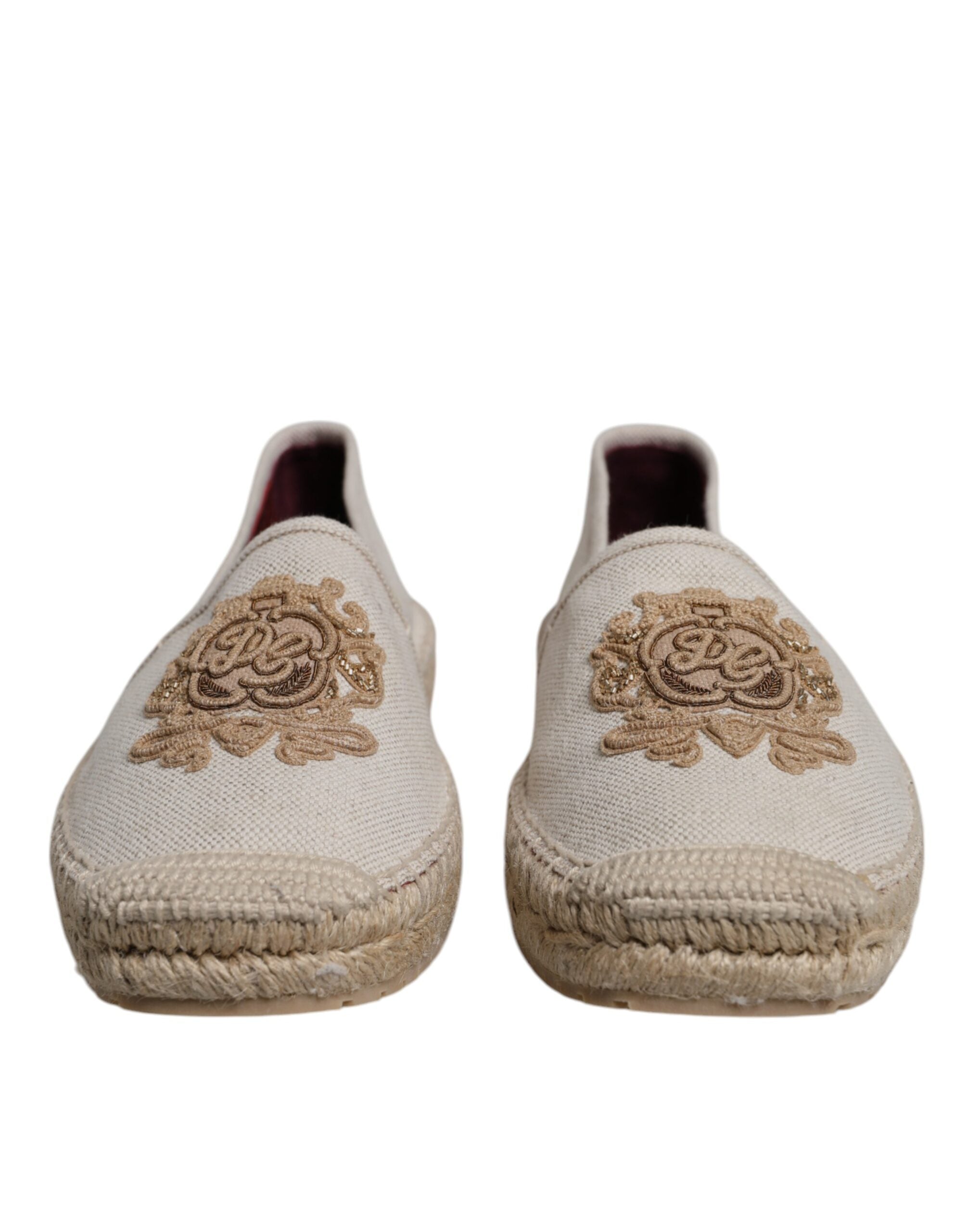 Dolce & Gabbana Beige Canvas Embroidered Slip On Espadrilles Shoes