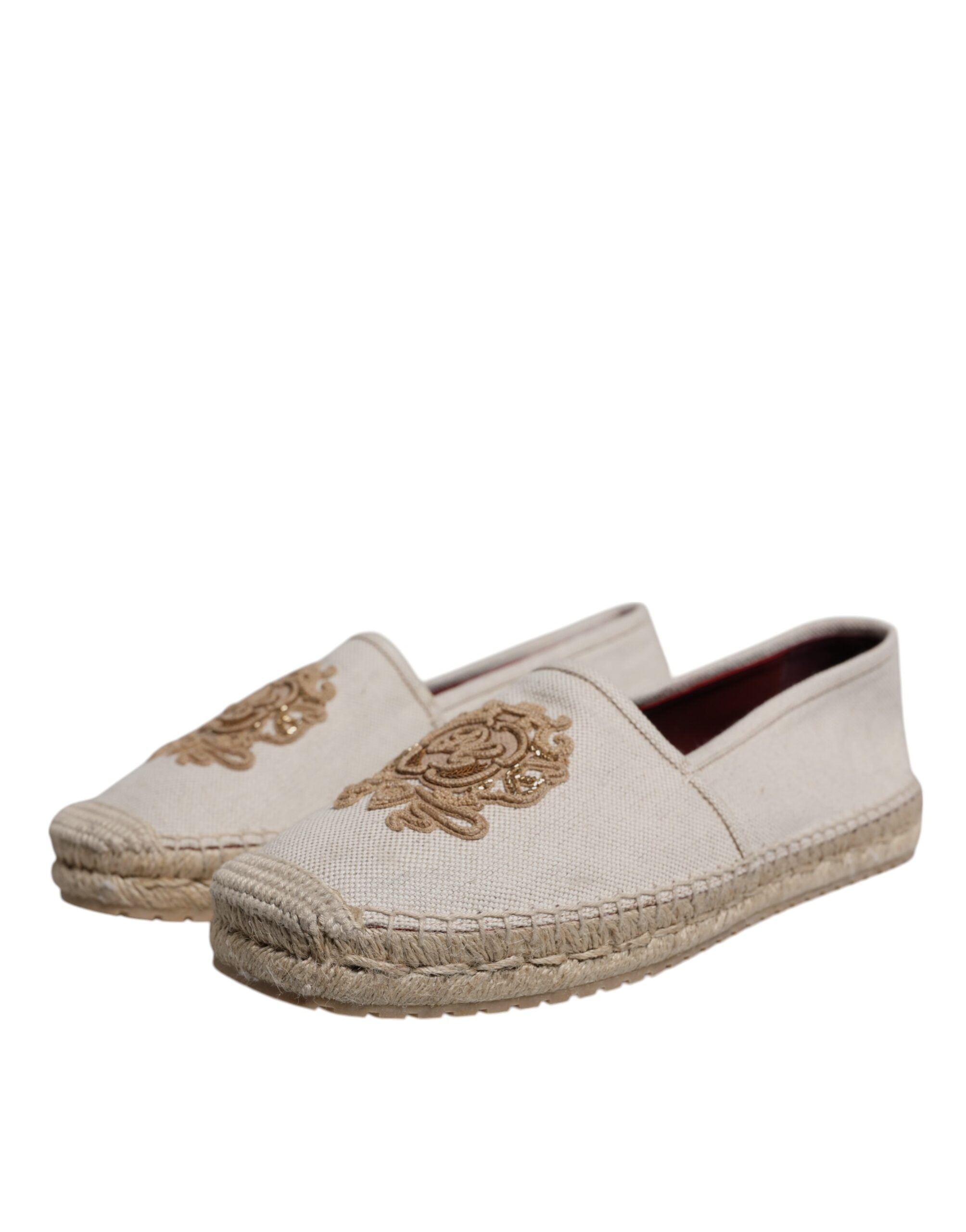 Dolce & Gabbana Beige Canvas Embroidered Slip On Espadrilles Shoes