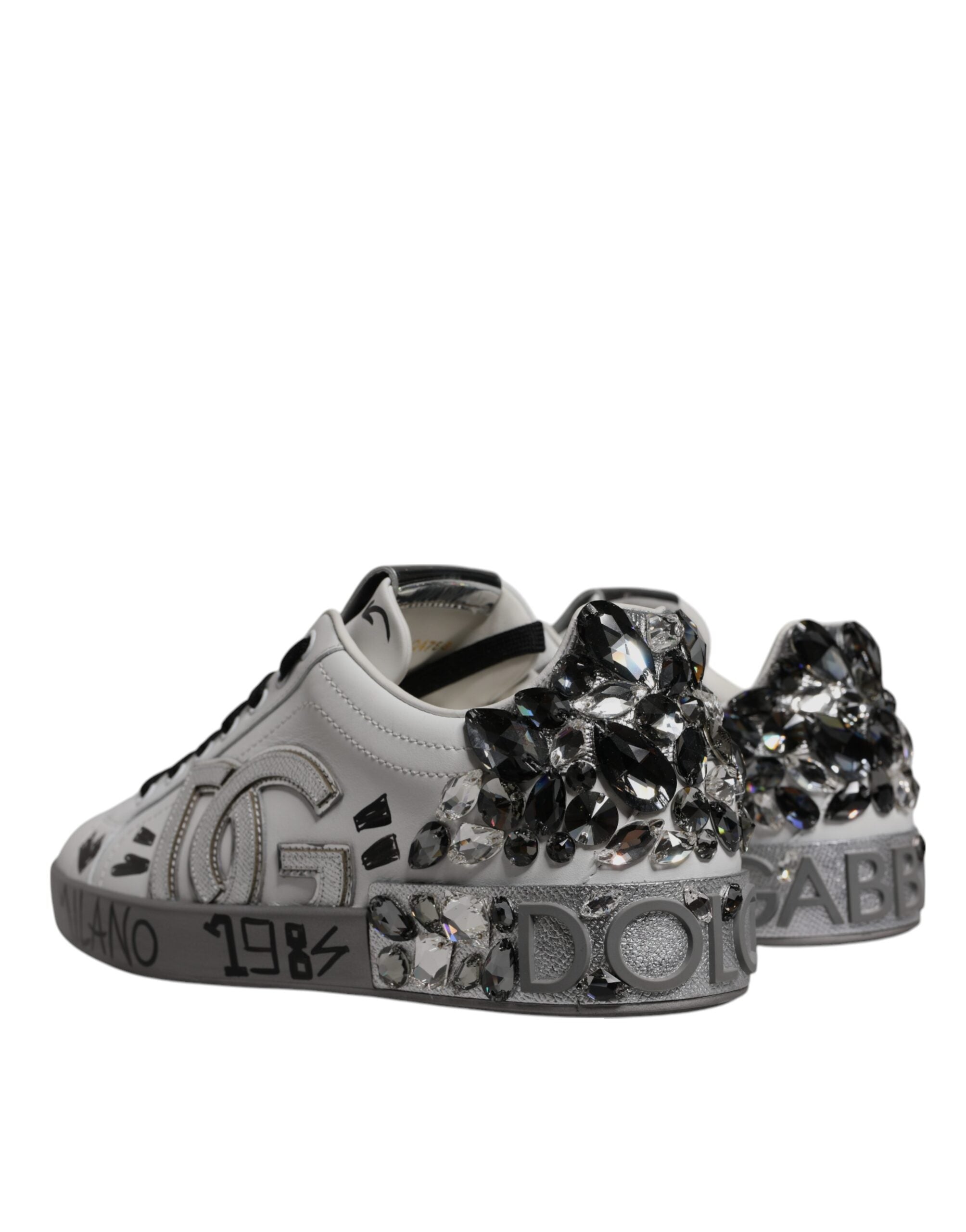 Dolce & Gabbana White Silver Crystal Logo Portofino Sneakers Shoes