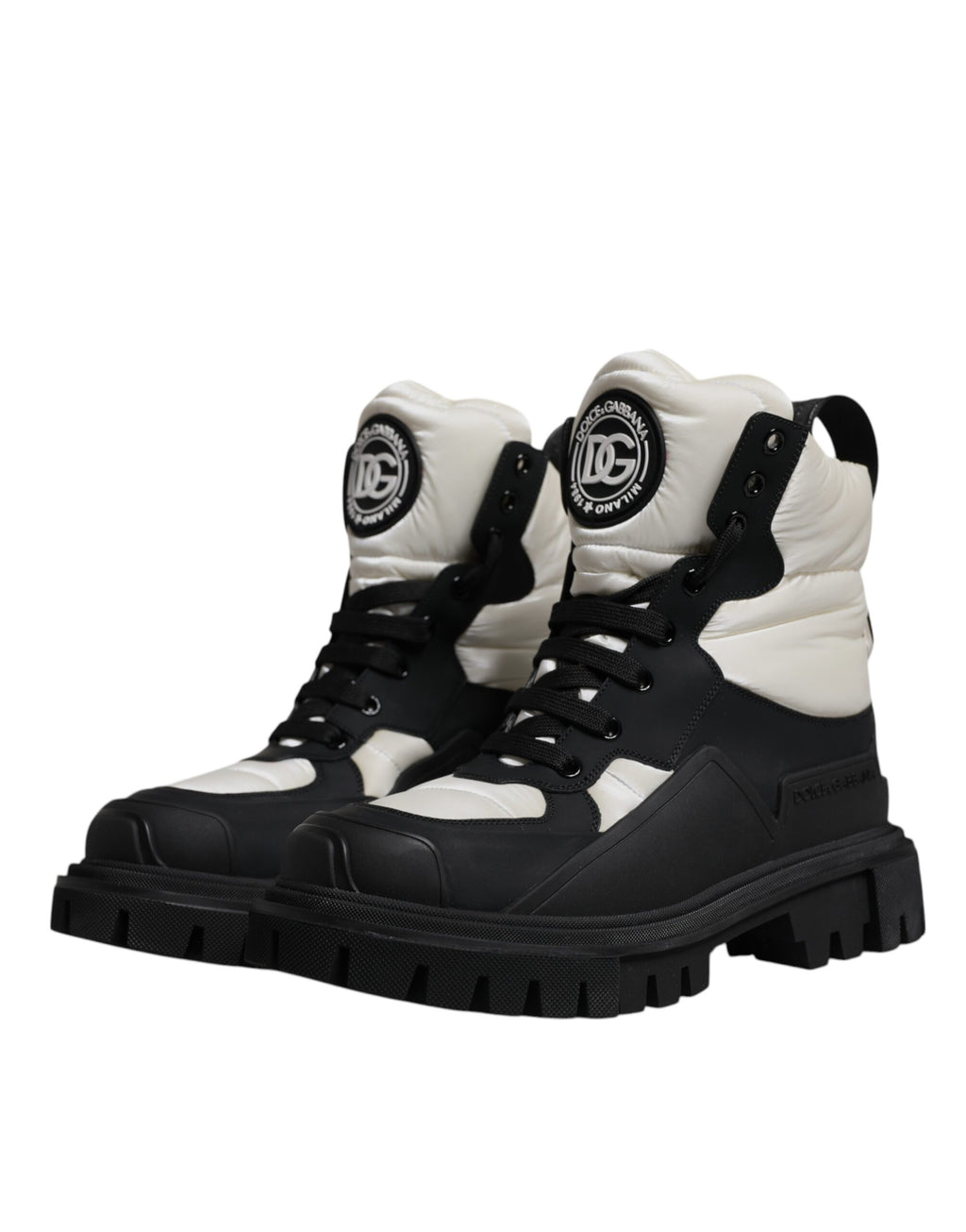 Dolce & Gabbana Black White Padded Mid Calf Lace Up Boots Shoes