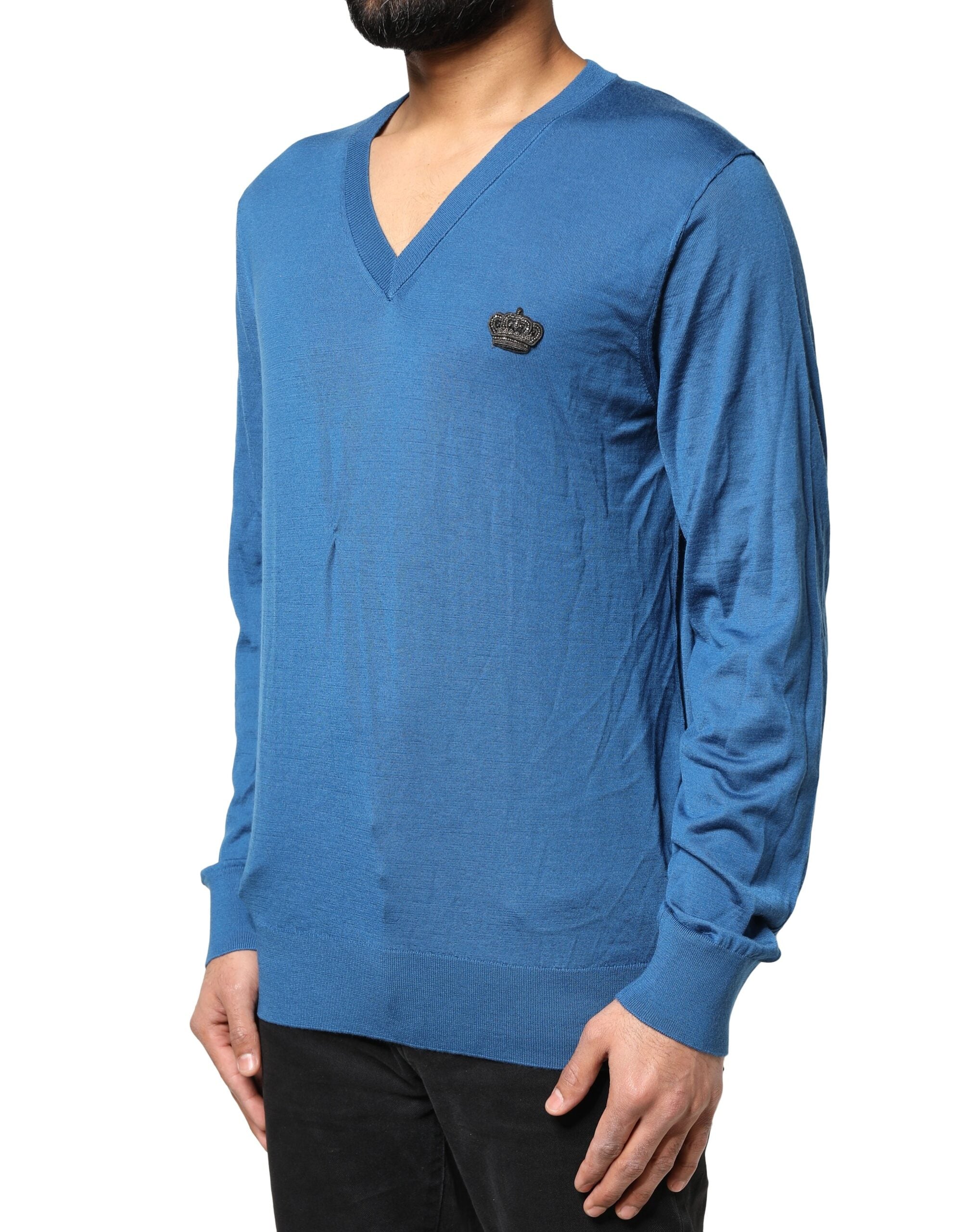 Dolce & Gabbana Blue Cashmere Crown V-neck Pullover Sweater