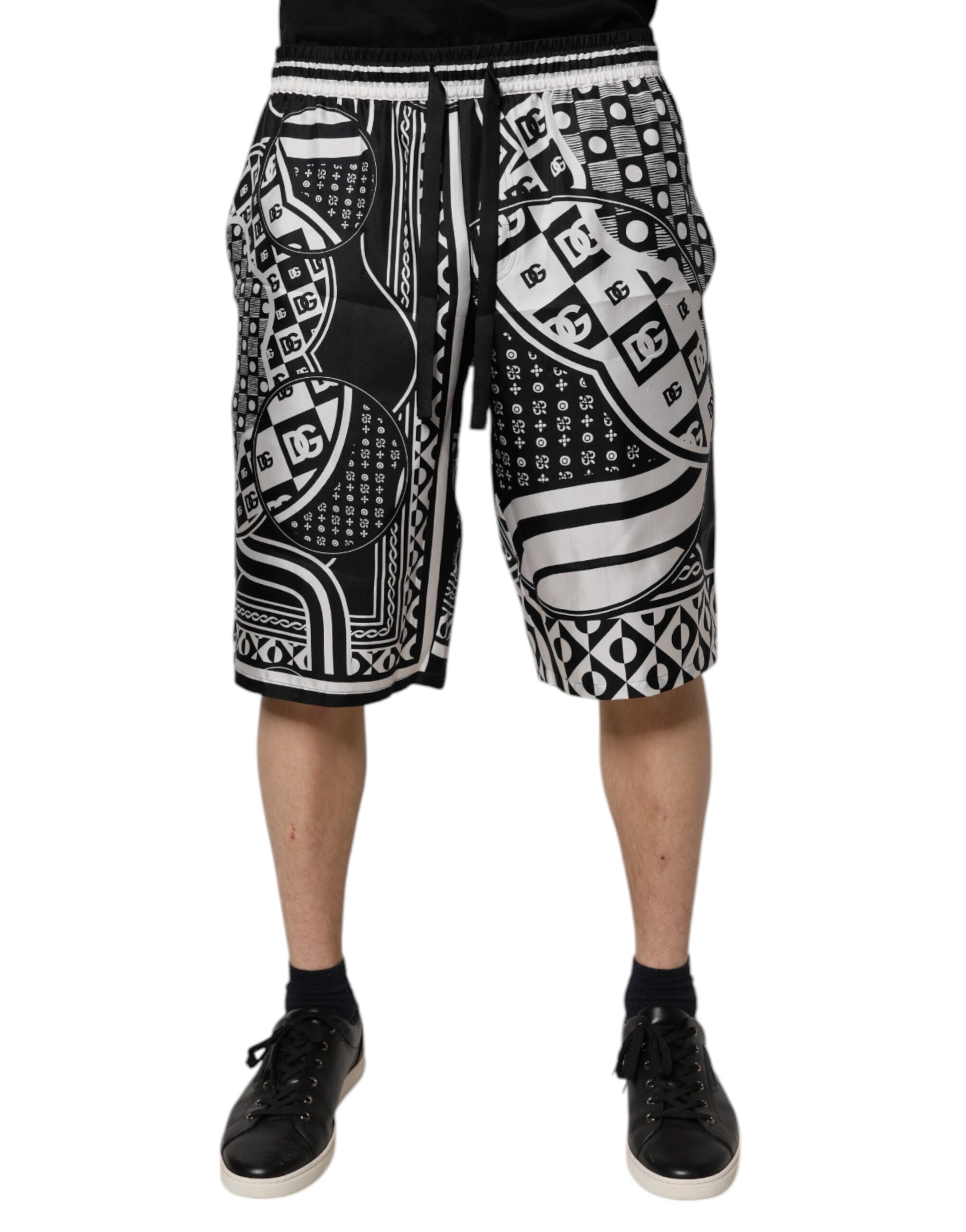 Dolce & Gabbana Black White Bandana Silk Men Bermuda Shorts