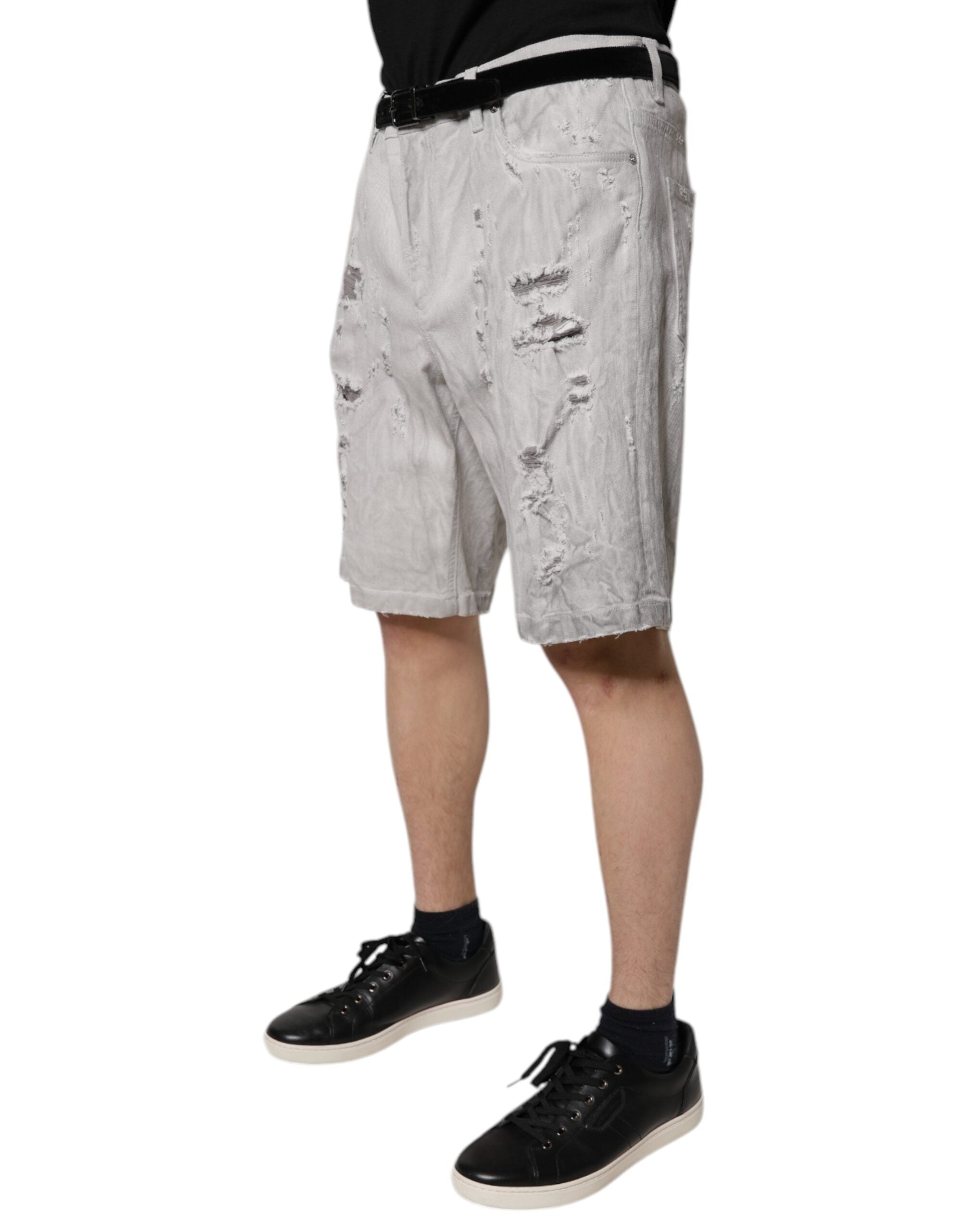 Dolce & Gabbana Light Gray Tattered Men Denim Bermuda Shorts