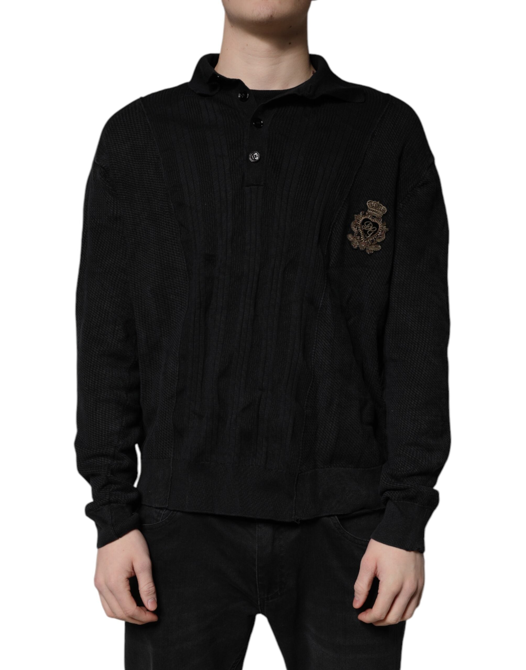 Dolce & Gabbana Black Heraldic Silk Buttoned Pullover Sweater