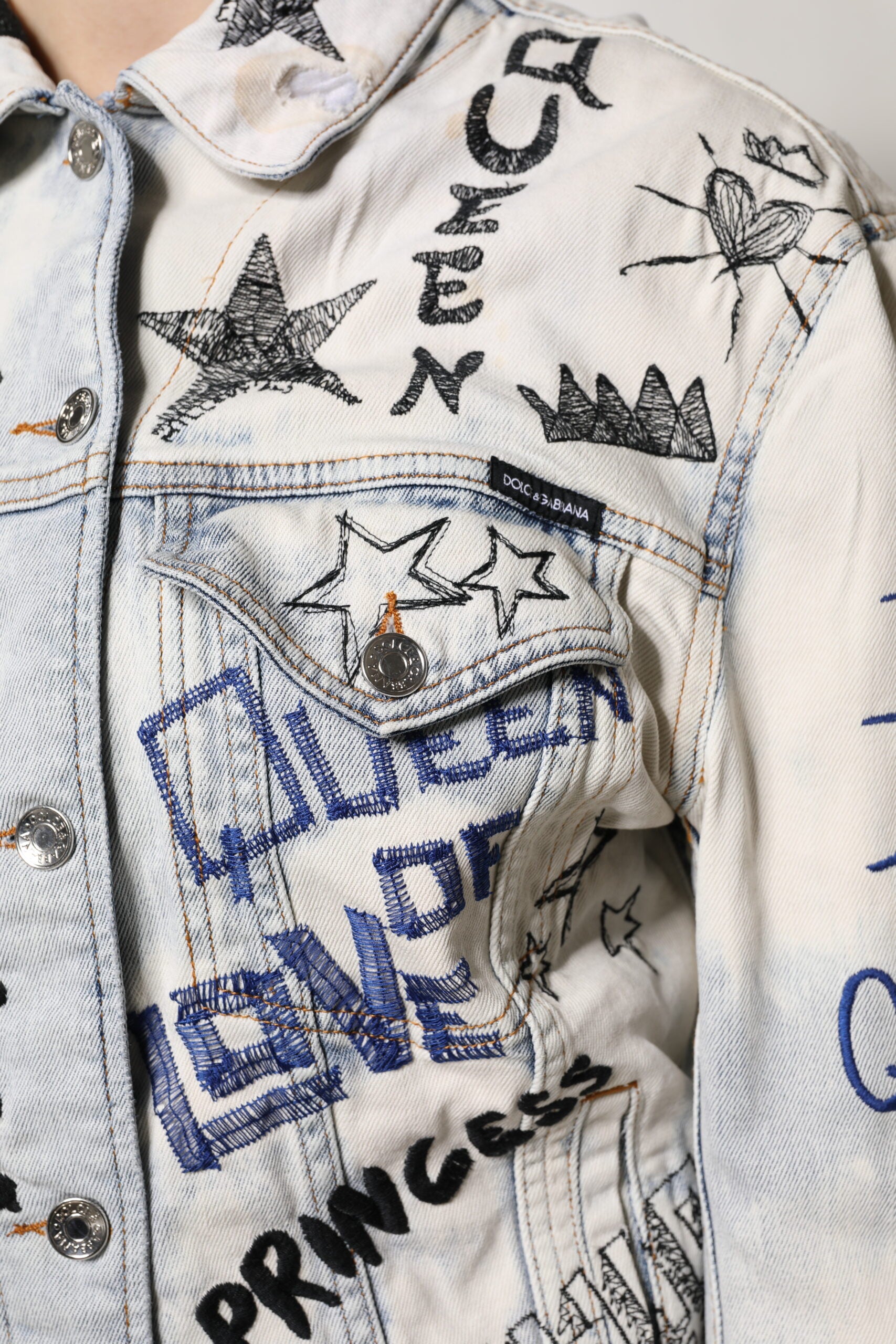 Dolce & Gabbana Light Blue Graffiti Button Down Denim Jacket