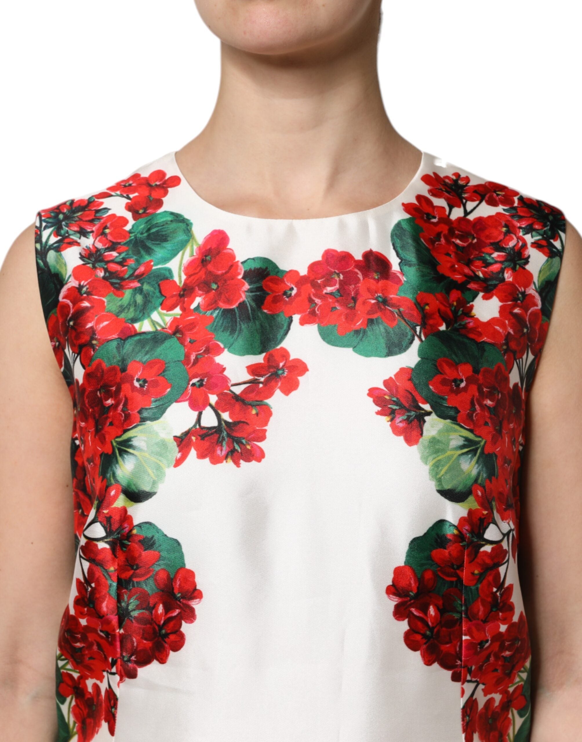 Dolce & Gabbana White Floral Printed Silk Knee Length Dress