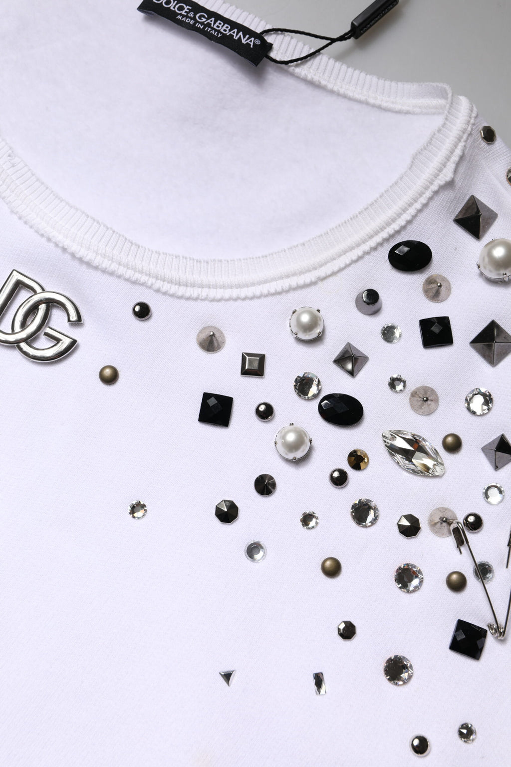 Dolce & Gabbana White Embellished Long Sleeve Cropped Sweater