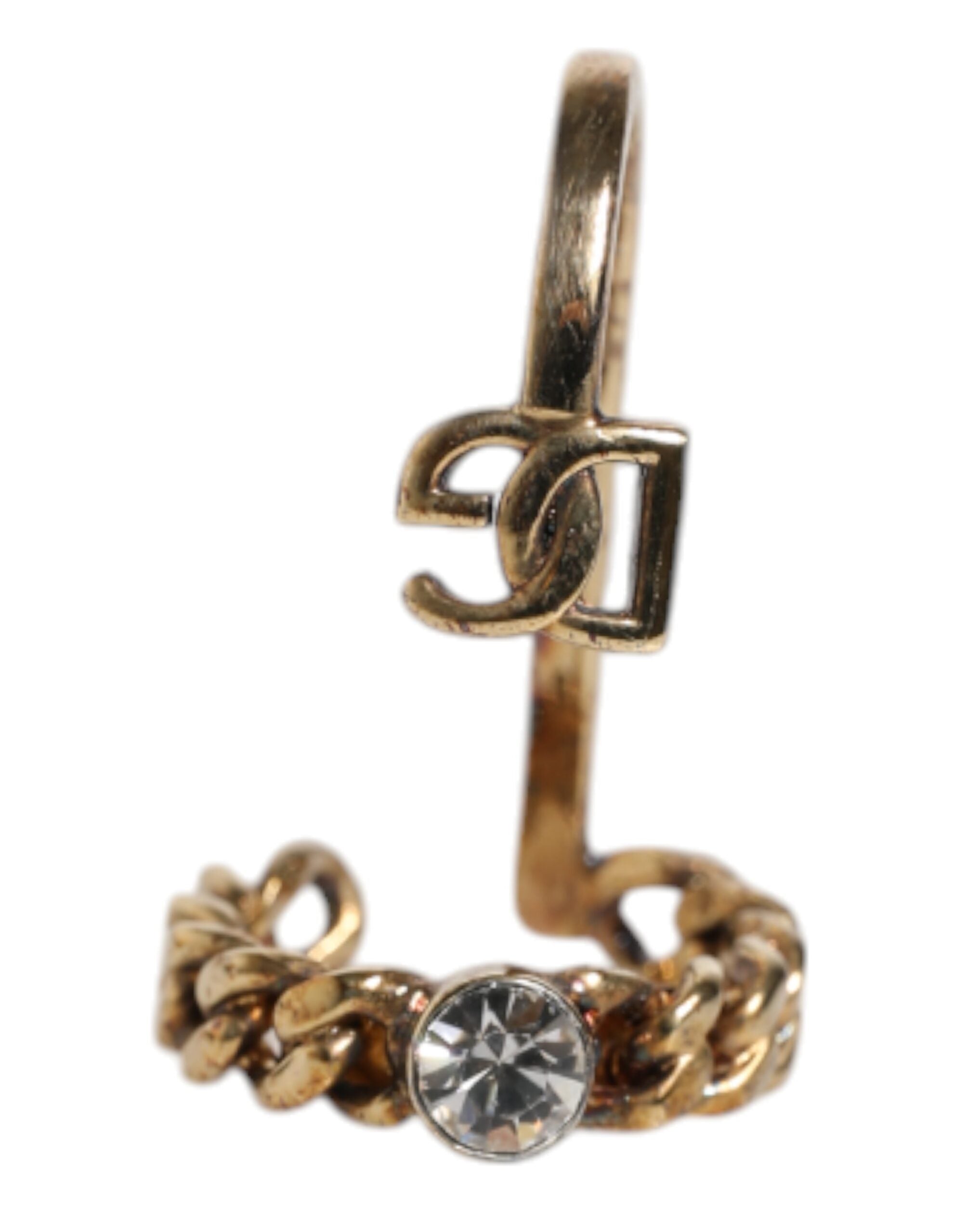 Dolce & Gabbana Gold Tone Engraved Logo Clear Crystals Adjustable Ring