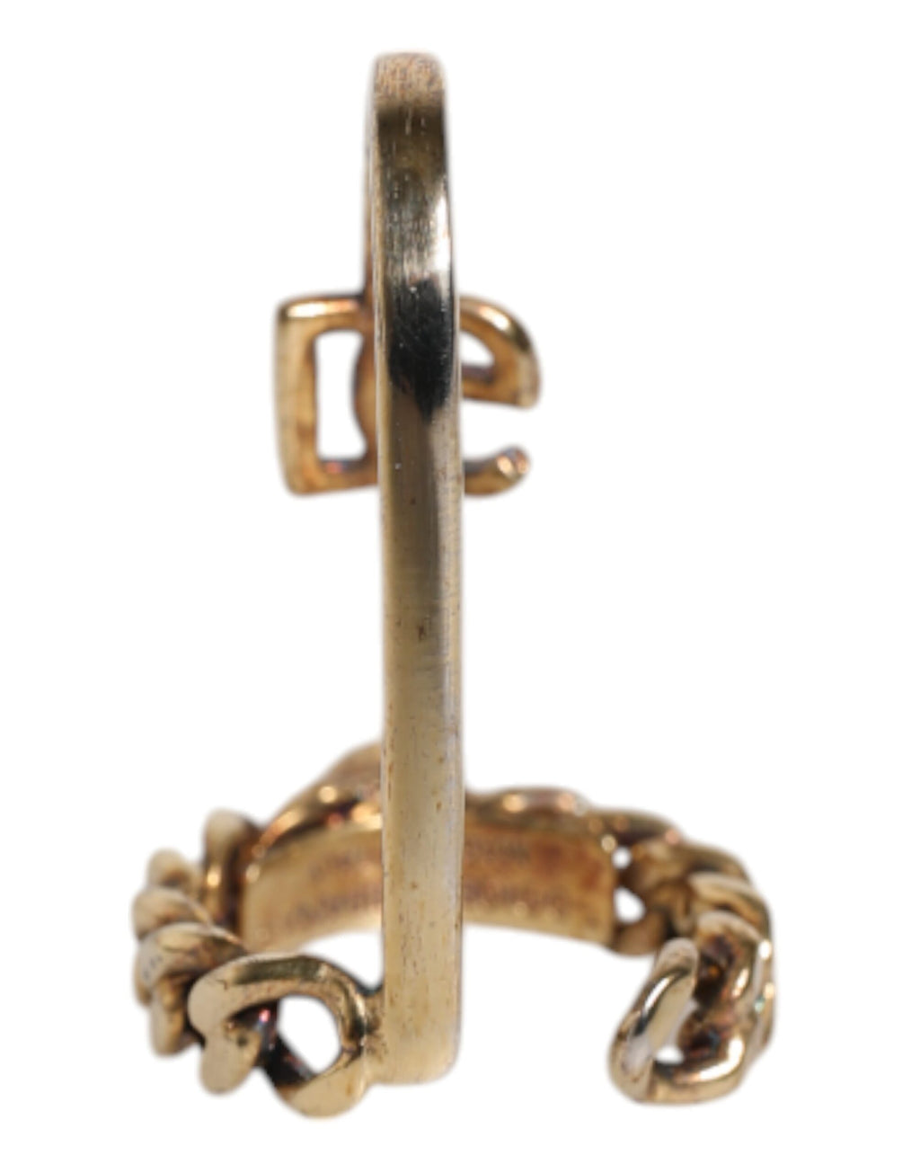 Dolce & Gabbana Gold Tone Engraved Logo Clear Crystals Adjustable Ring