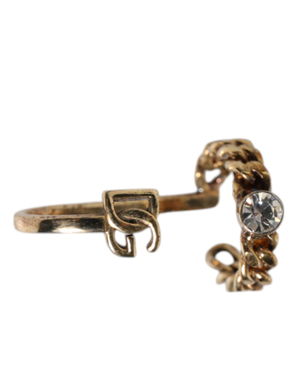 Dolce & Gabbana Gold Tone Engraved Logo Clear Crystals Adjustable Ring