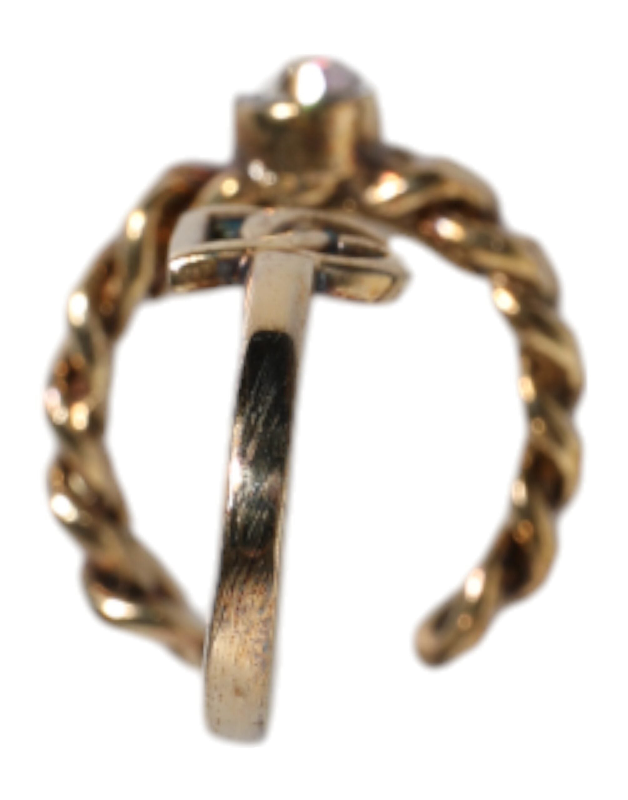 Dolce & Gabbana Gold Tone Engraved Logo Clear Crystals Adjustable Ring