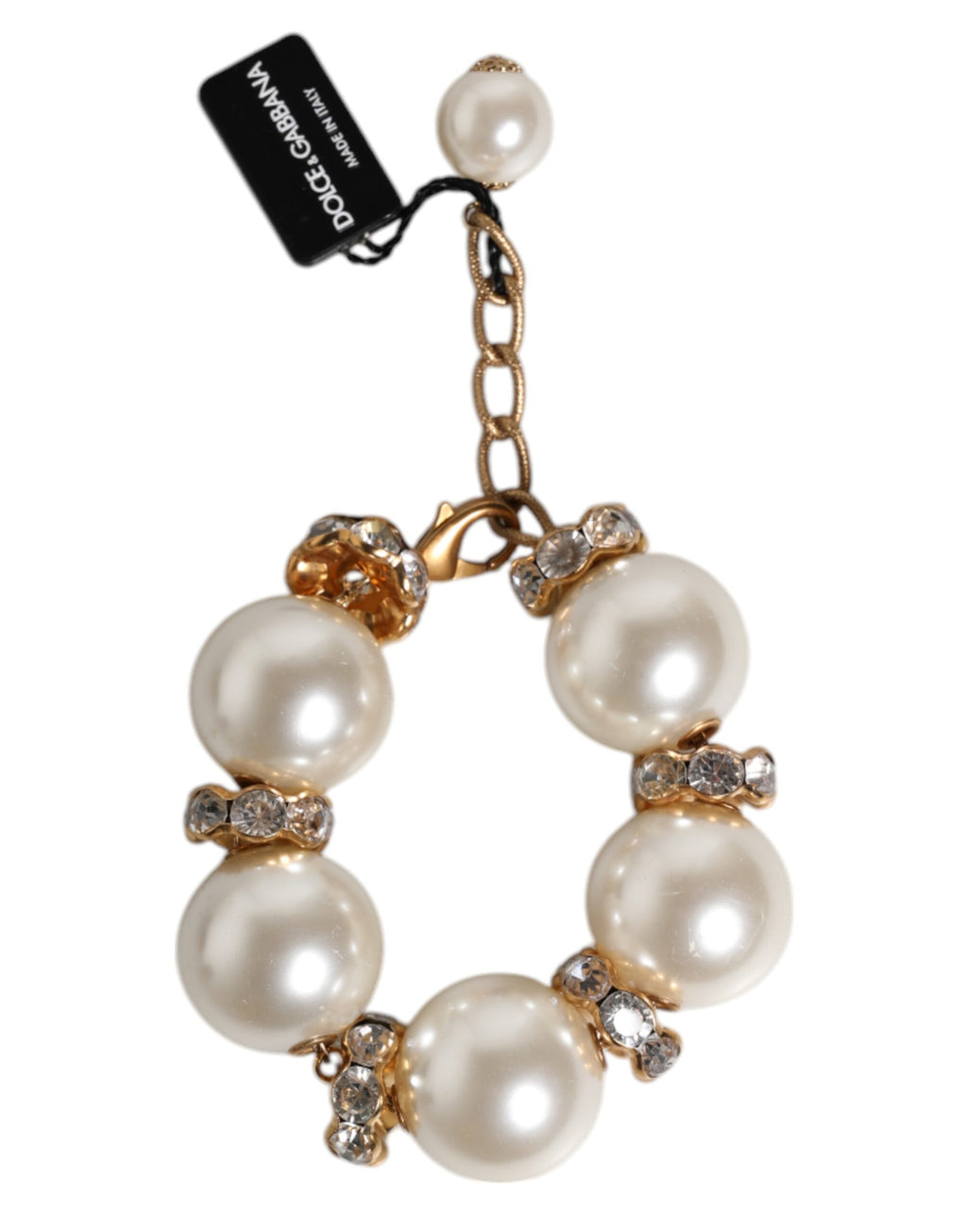 Dolce & Gabbana Gold Tone Brass Maxi Pearl Lobster Clasp Logo Bracelet