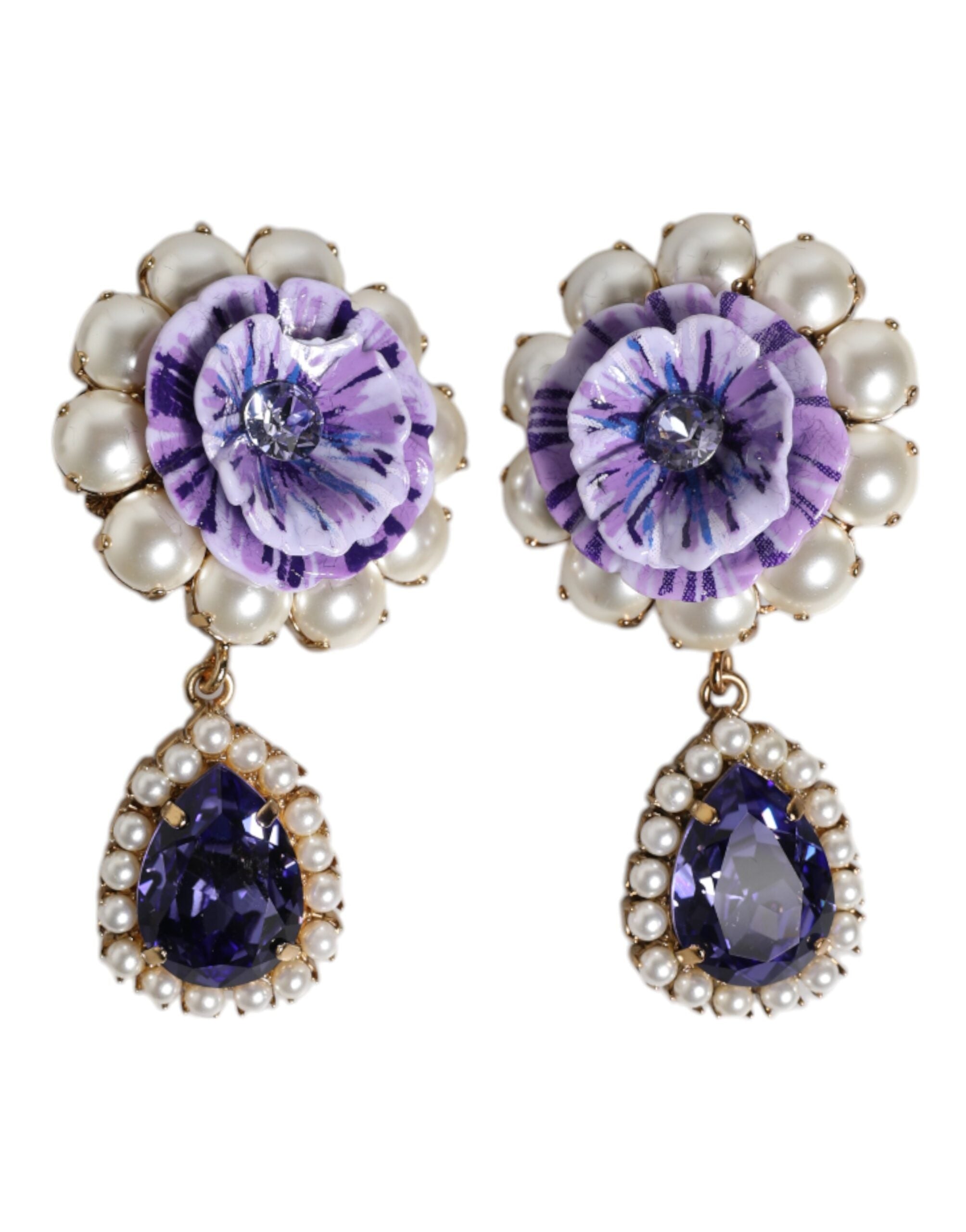 Dolce & Gabbana Purple Flower Pearl Teardrop Crystals Clip On Earrings