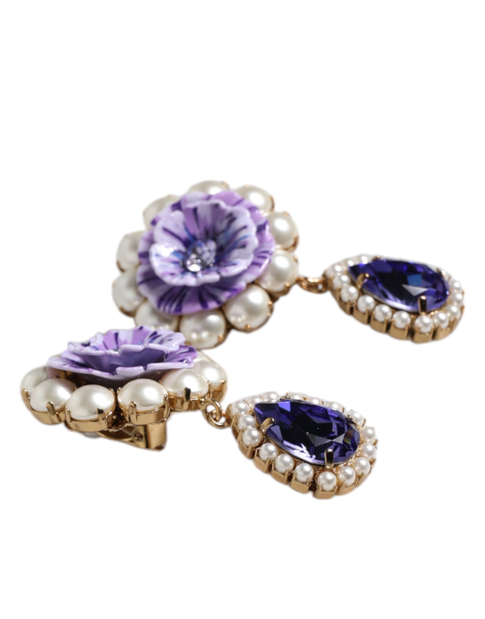 Dolce & Gabbana Purple Flower Pearl Teardrop Crystals Clip On Earrings