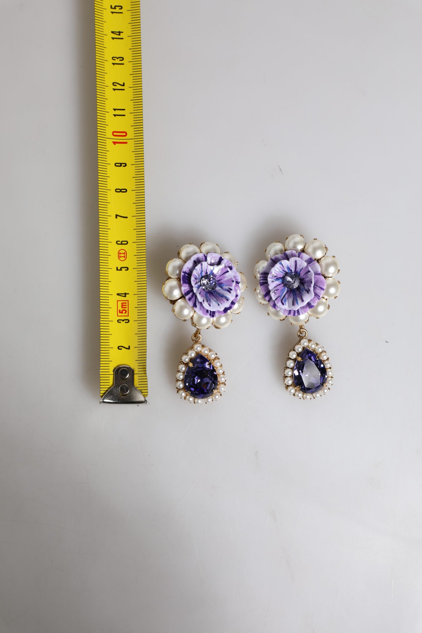Dolce & Gabbana Purple Flower Pearl Teardrop Crystals Clip On Earrings