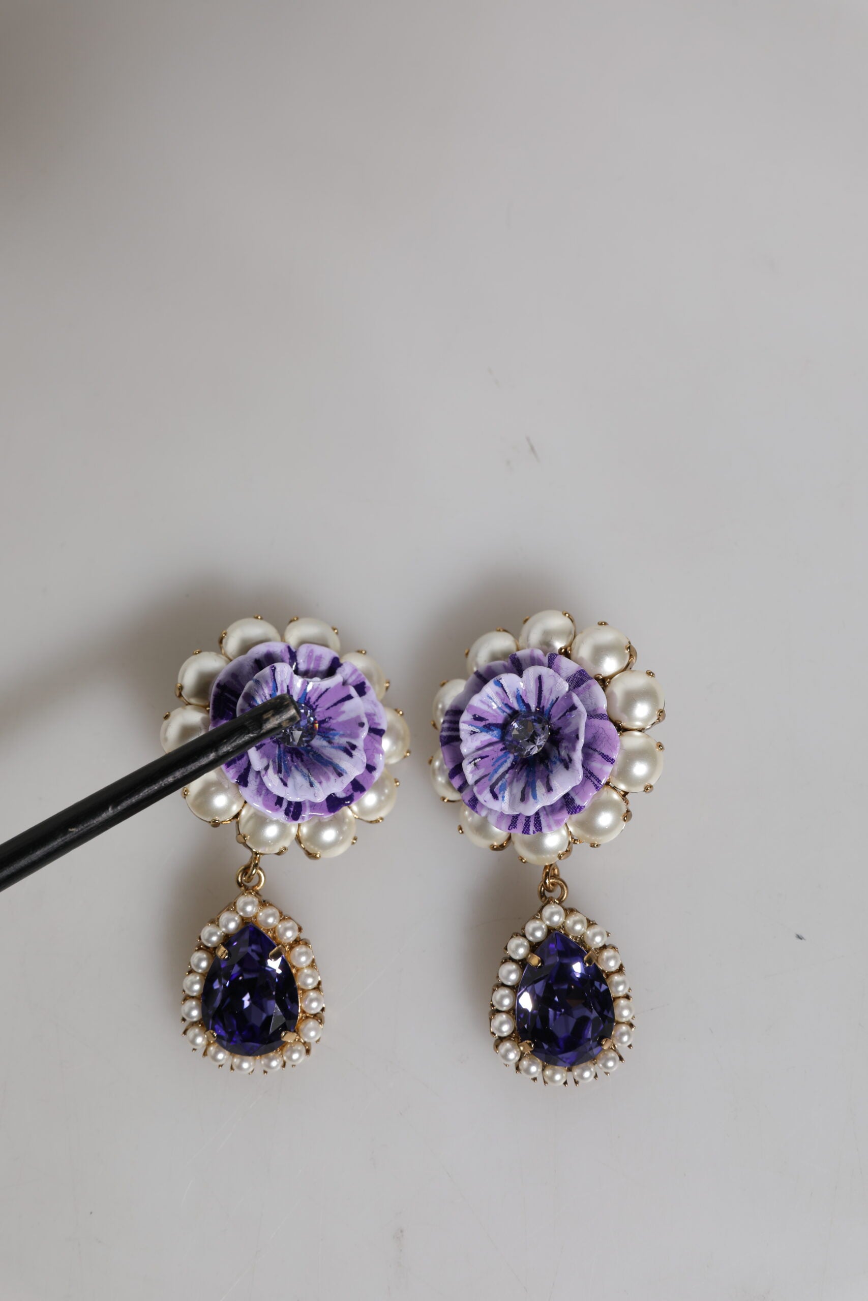 Dolce & Gabbana Purple Flower Pearl Teardrop Crystals Clip On Earrings