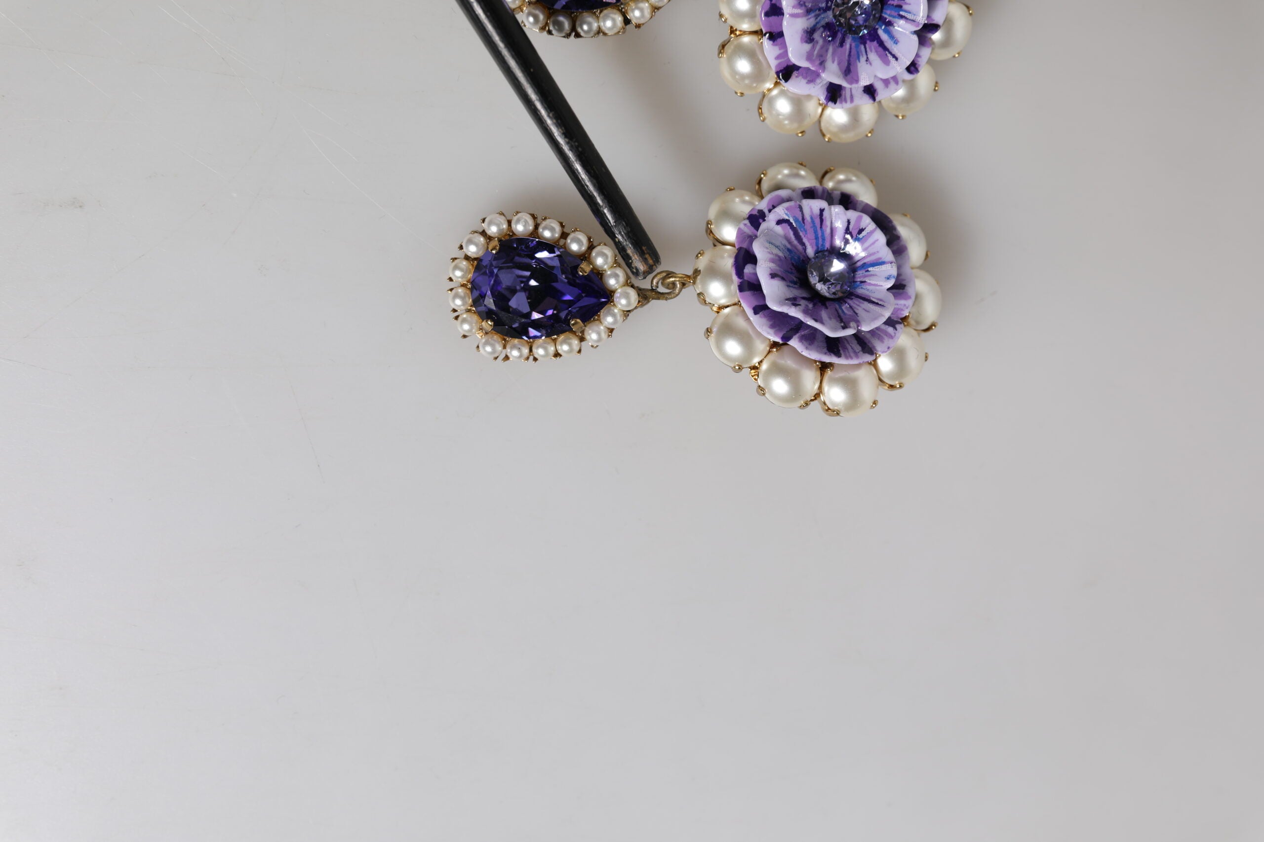 Dolce & Gabbana Purple Flower Pearl Teardrop Crystals Clip On Earrings