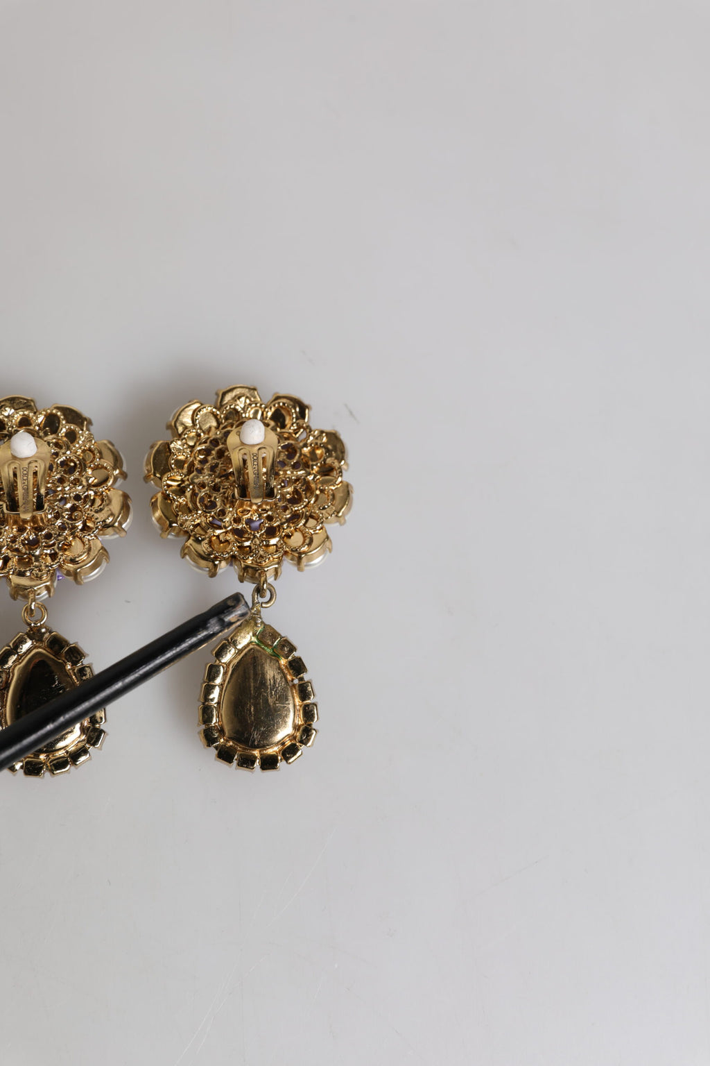 Dolce & Gabbana Purple Flower Pearl Teardrop Crystals Clip On Earrings