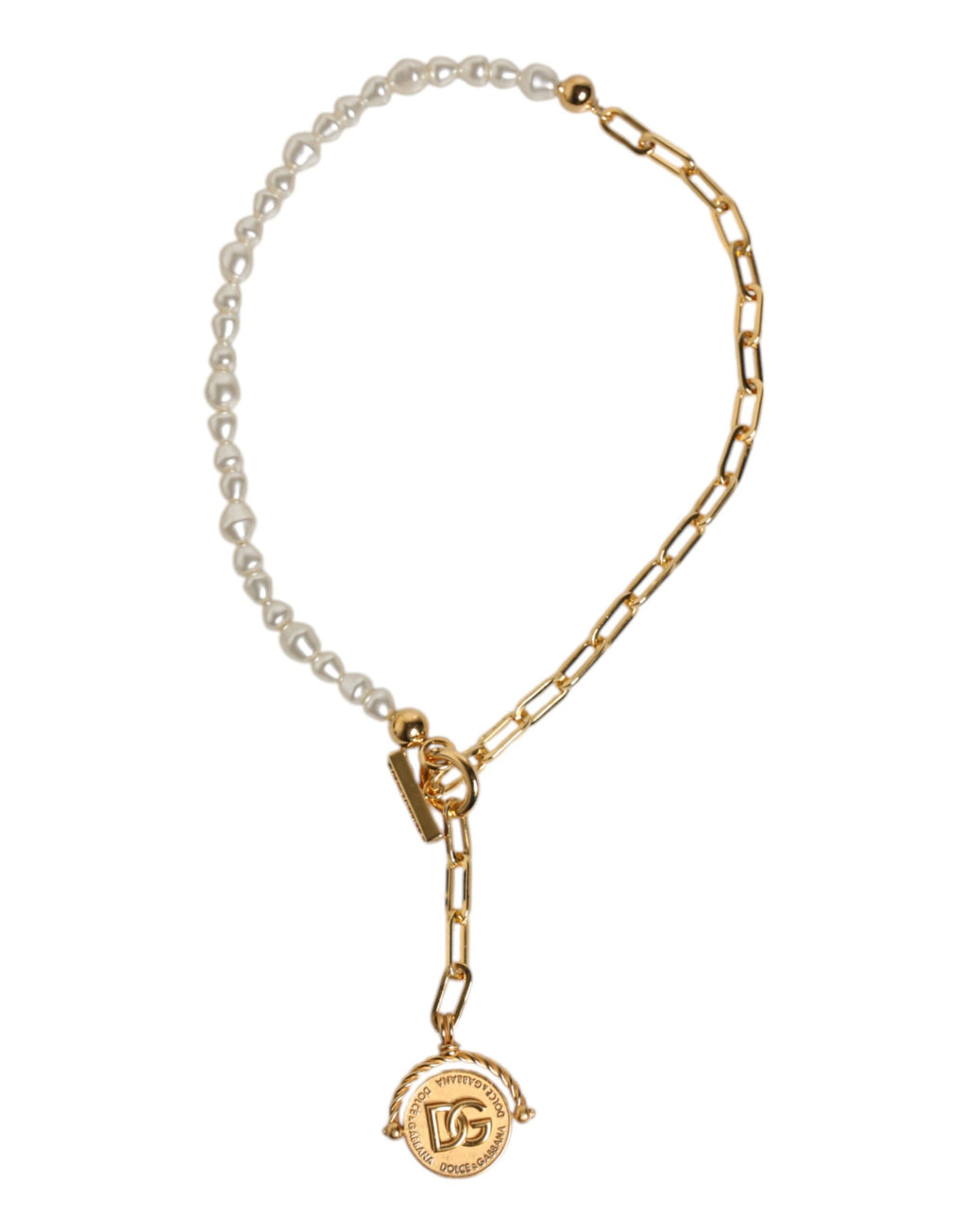 Dolce & Gabbana Gold Chain Brass Faux Pearl Charm Logo Pendant Necklace
