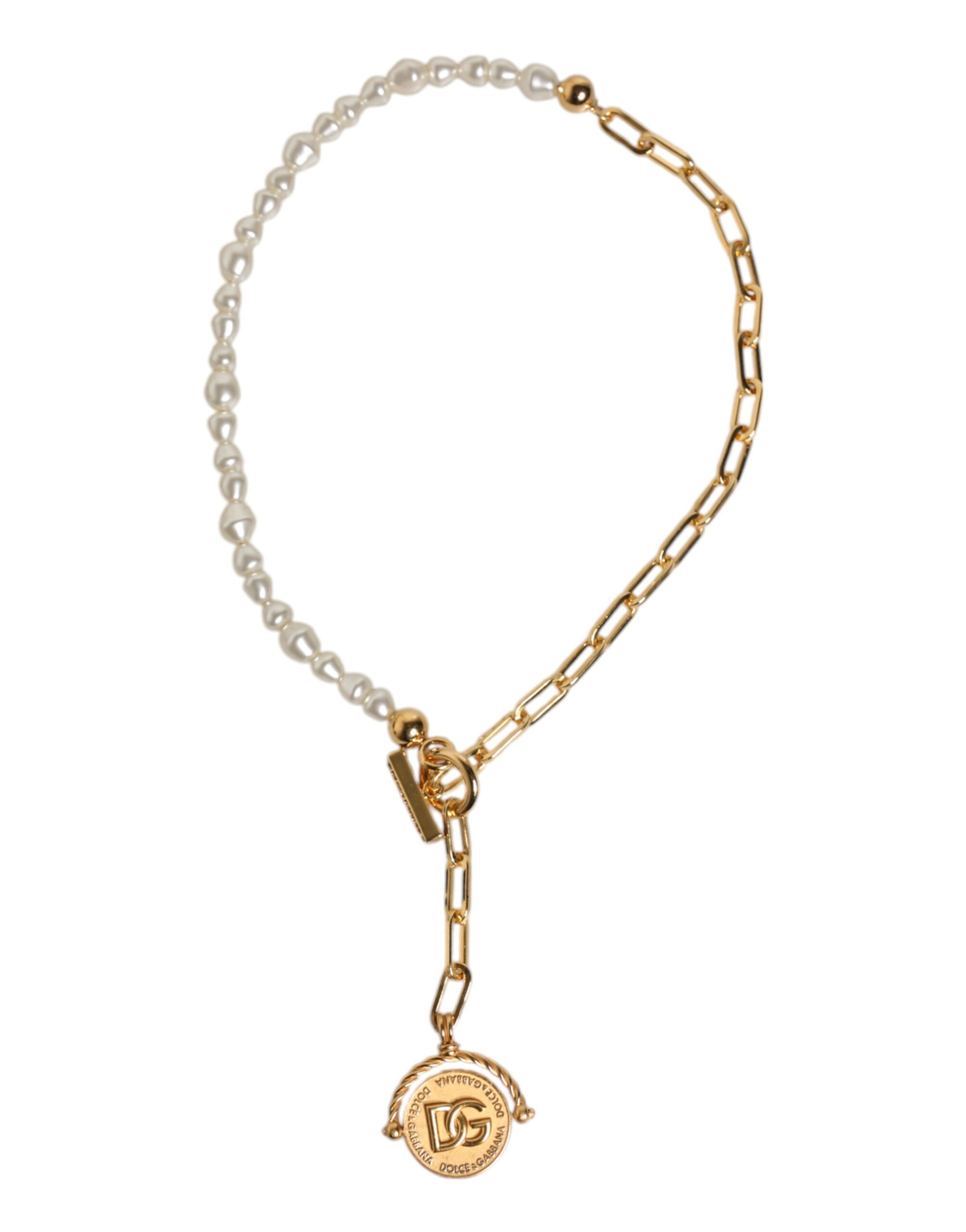 Dolce & Gabbana Gold Chain Brass Faux Pearl Charm Logo Pendant Necklace