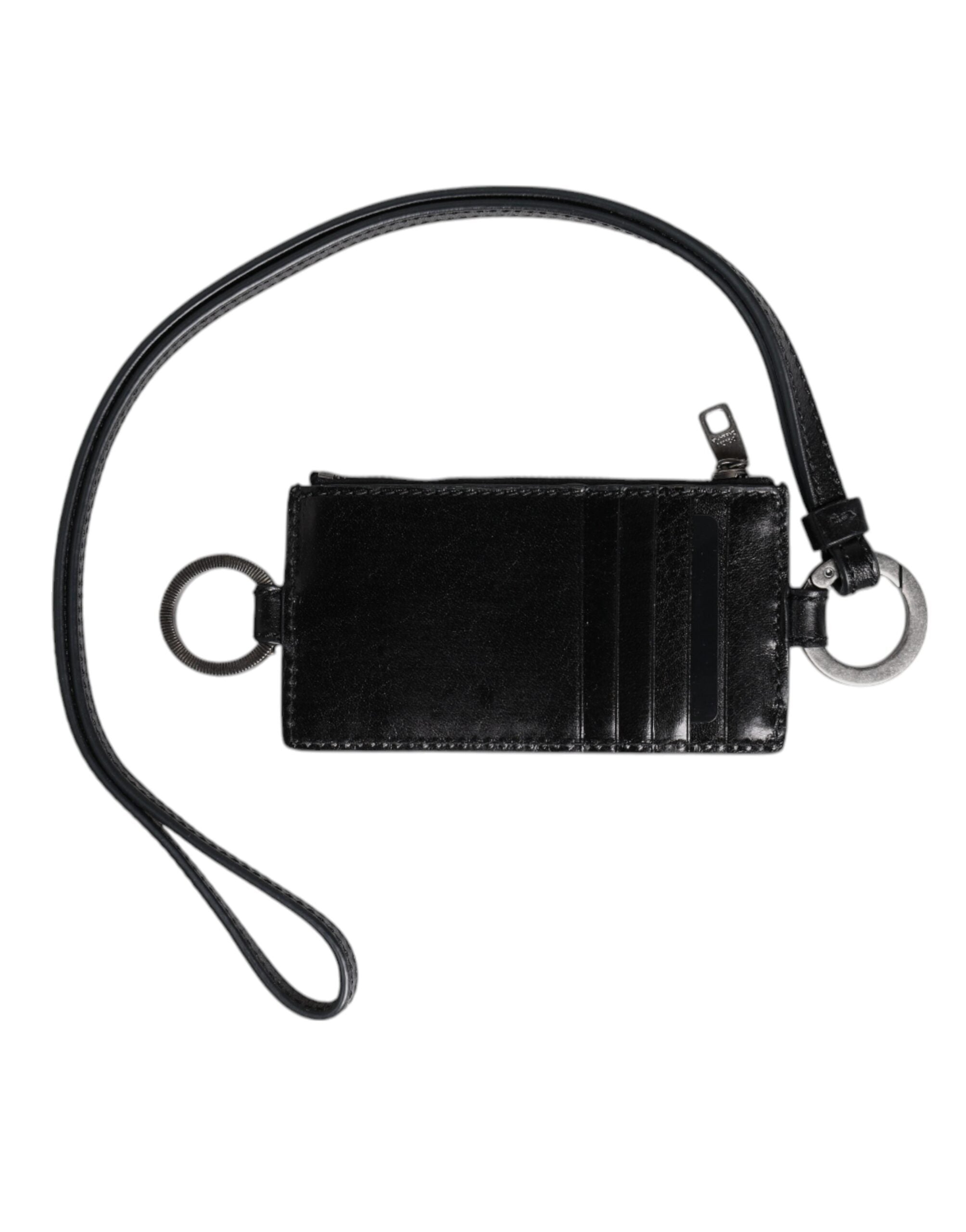 Dolce & Gabbana Black Leather Logo Embossed Lanyard Card Holder Wallet