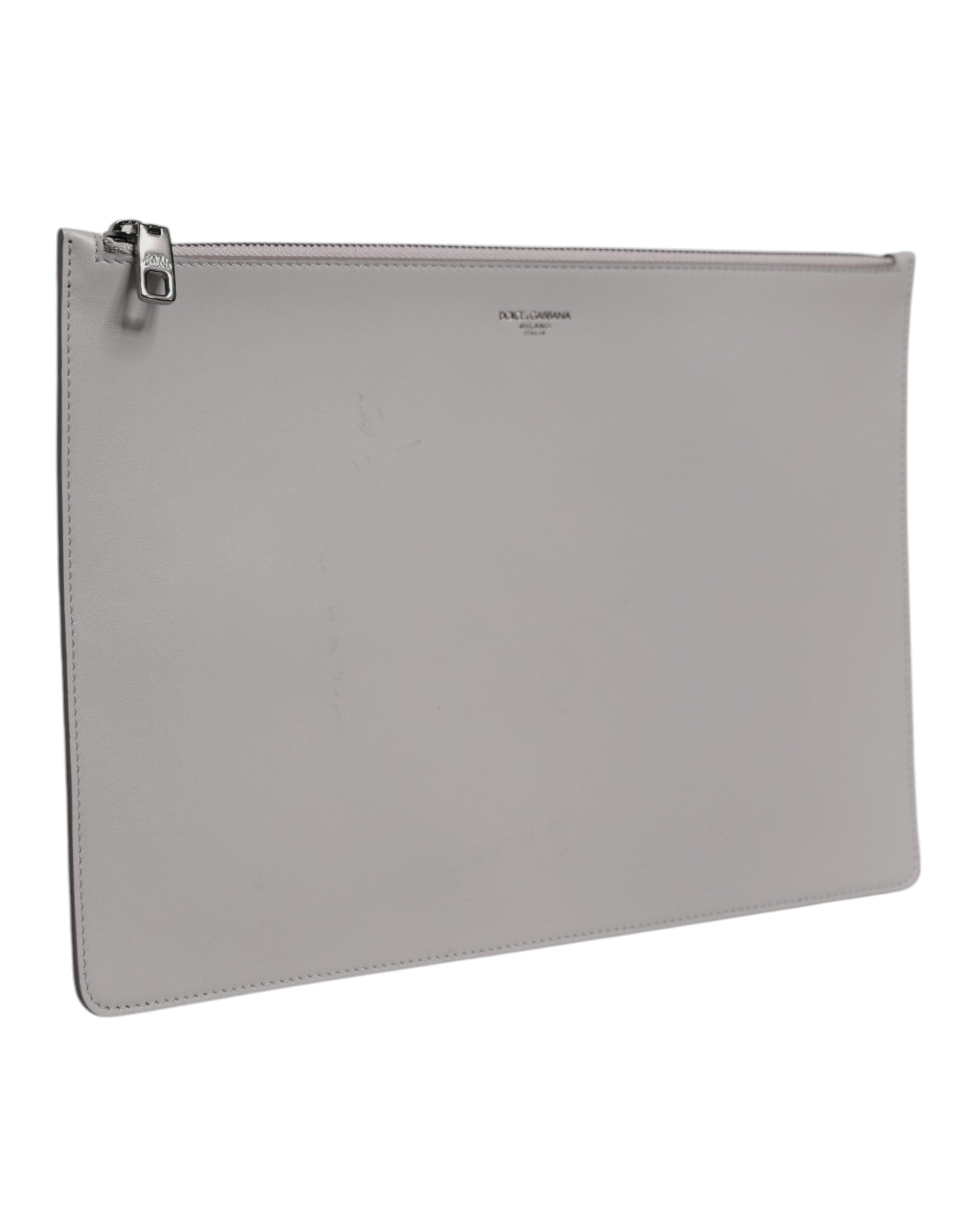 Dolce & Gabbana Gray Solid Leather DG Logo Men Clutch Zip Pouch Bag