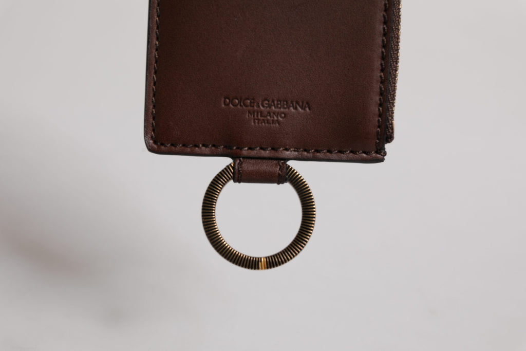 Dolce & Gabbana Brown Calf Leather Lanyard Logo Card Holder Wallet