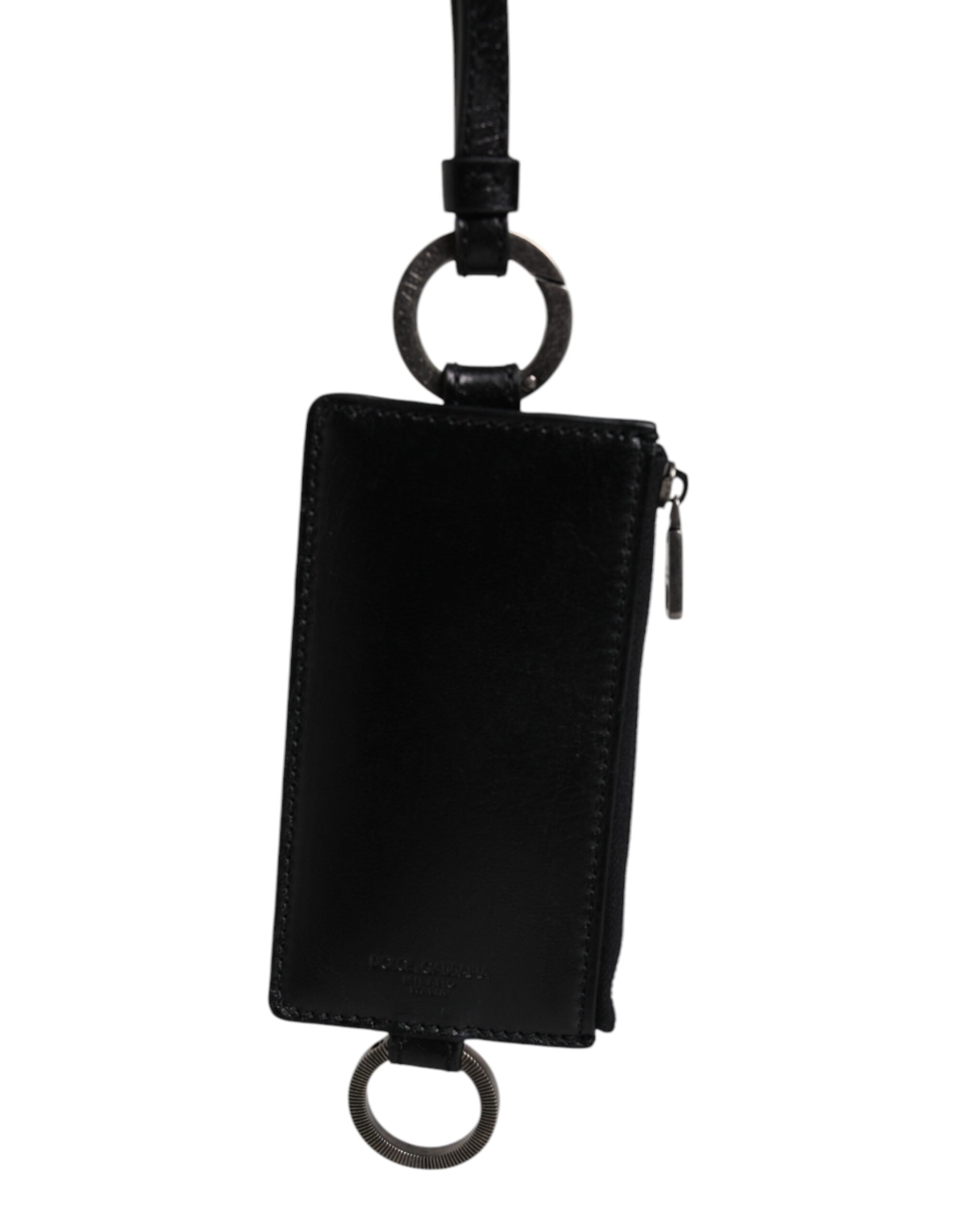 Dolce & Gabbana Black Calf Leather Lanyard Logo Card Holder Wallet