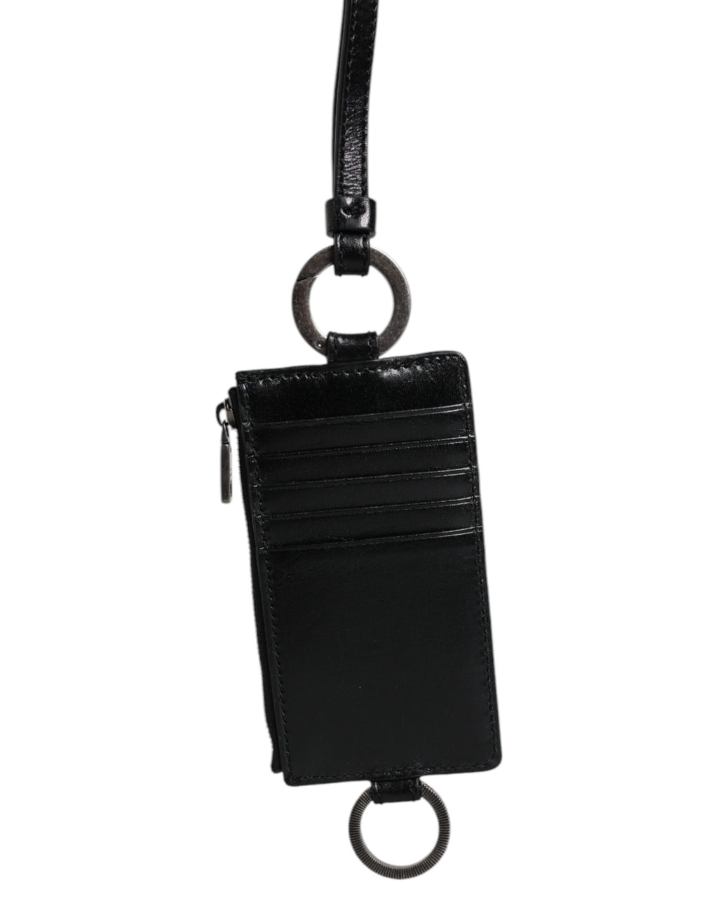 Dolce & Gabbana Black Calf Leather Lanyard Logo Card Holder Wallet