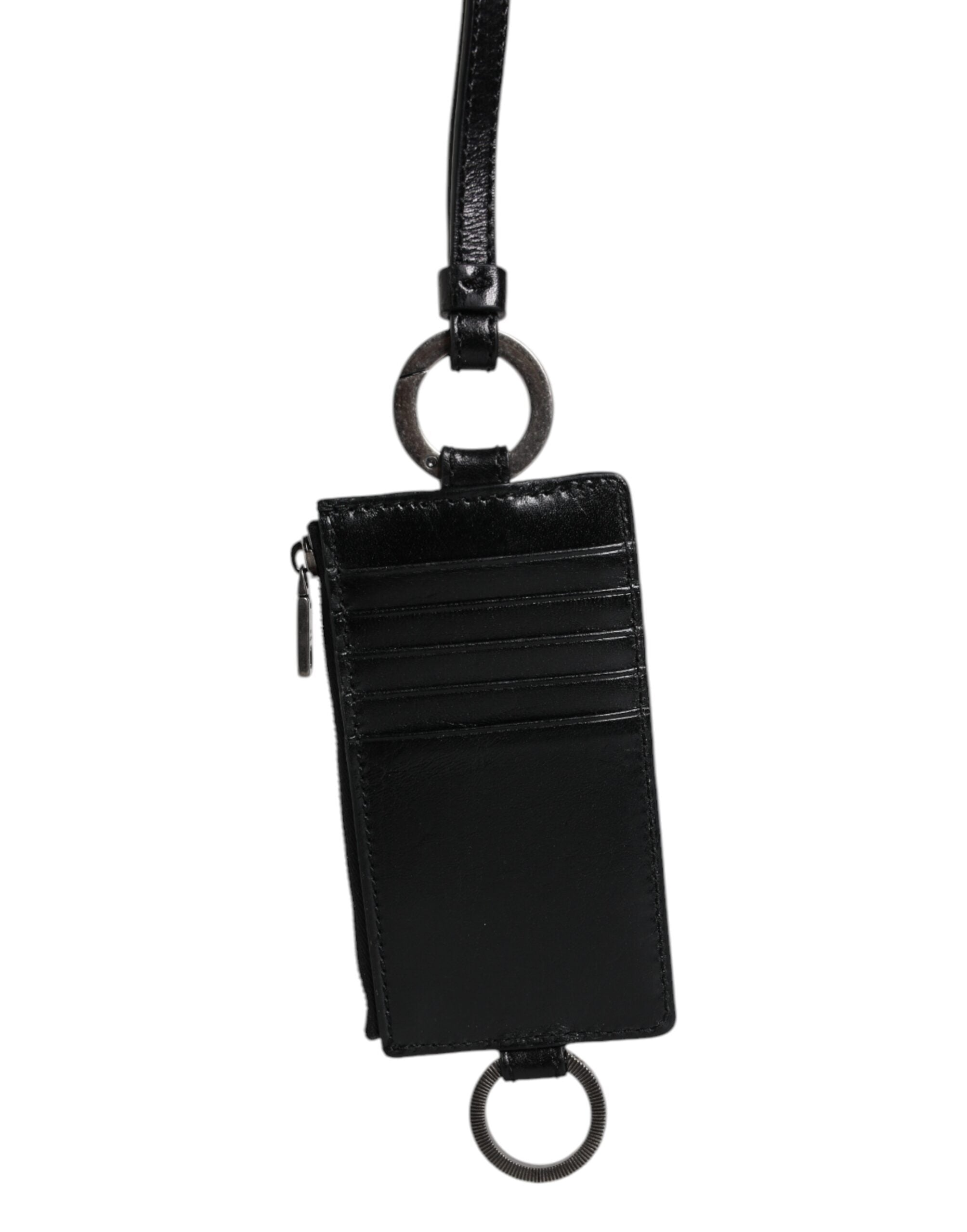 Dolce & Gabbana Black Calf Leather Lanyard Logo Card Holder Wallet