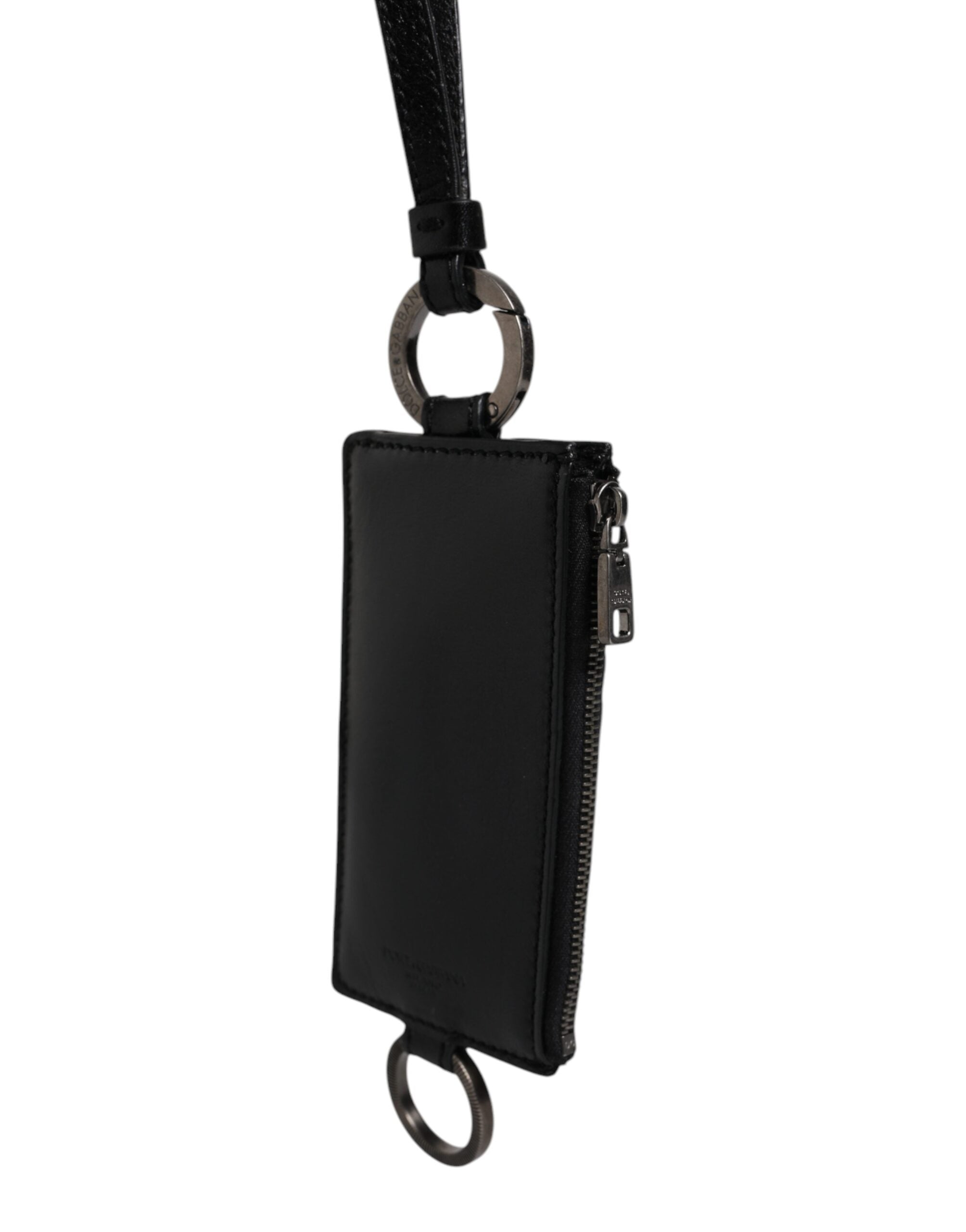 Dolce & Gabbana Black Calf Leather Lanyard Logo Card Holder Wallet