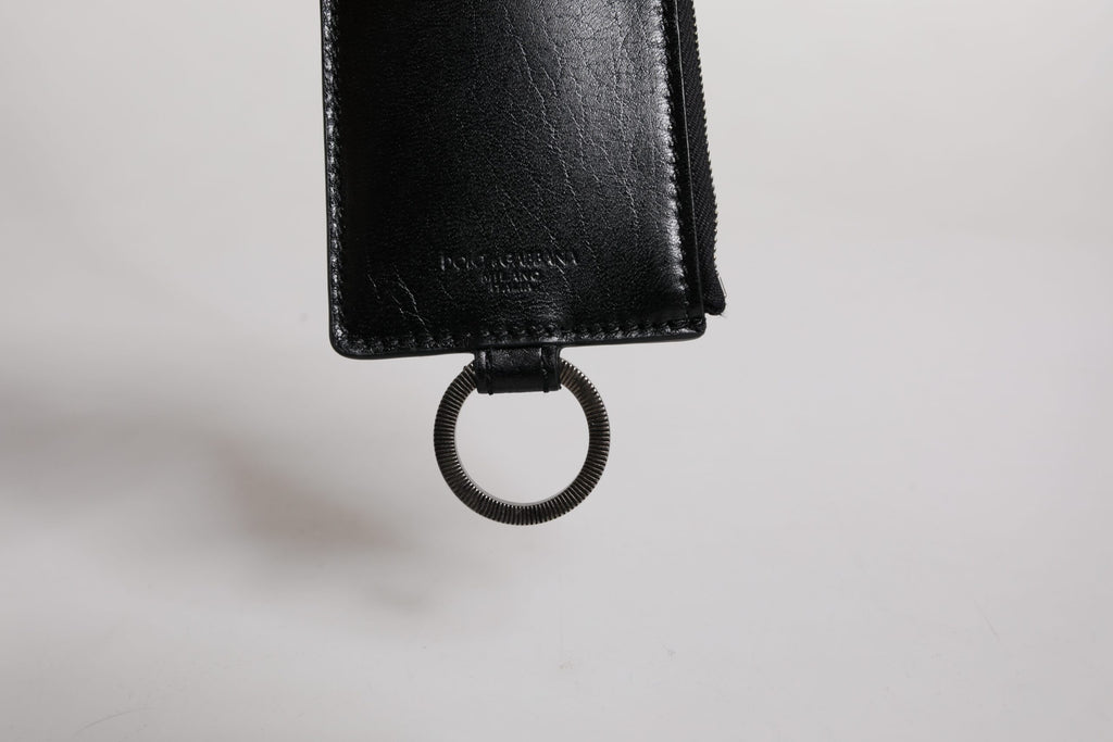 Dolce & Gabbana Black Calf Leather Lanyard Logo Card Holder Wallet