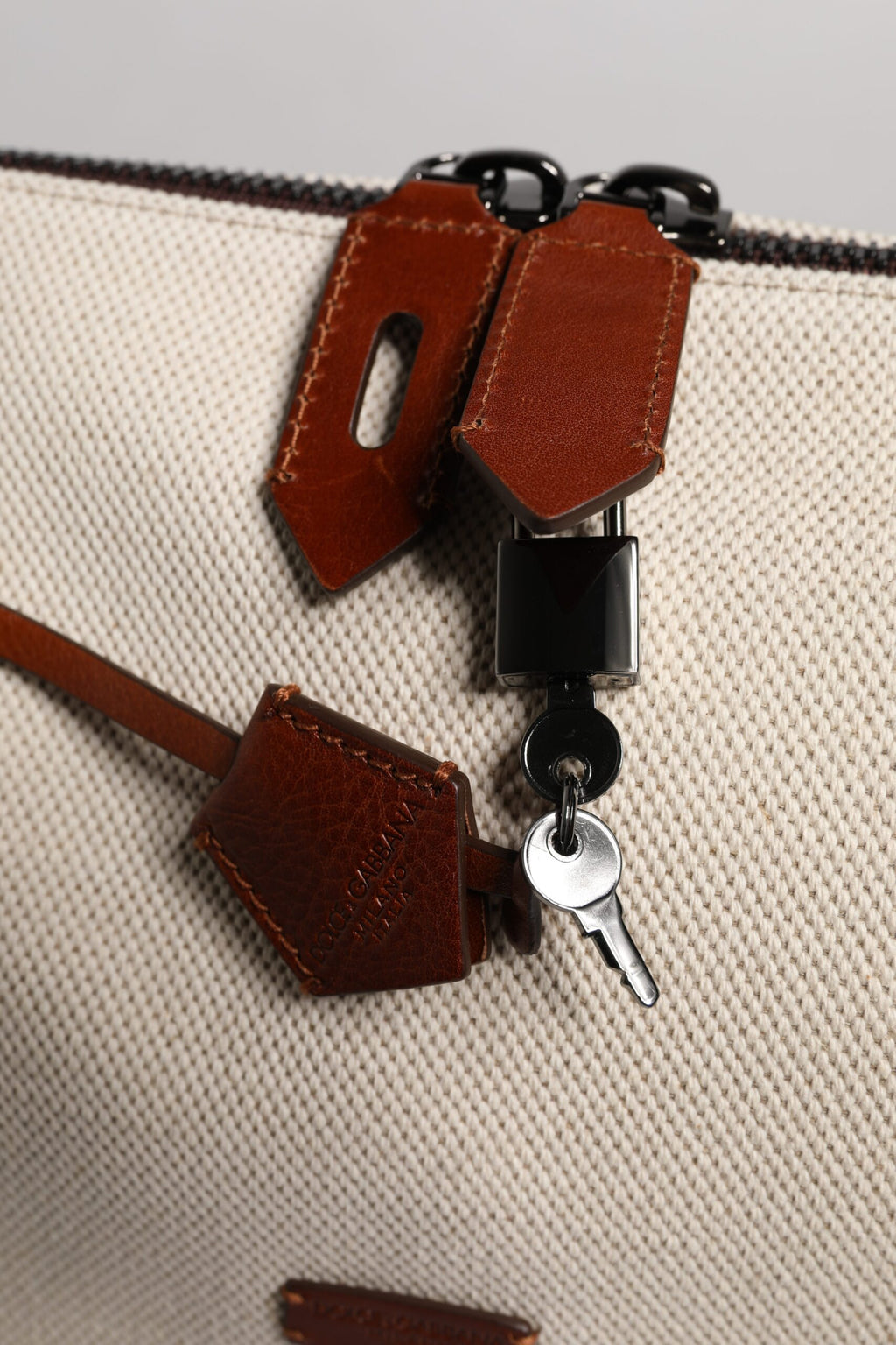 Dolce & Gabbana Beige Brown Cotton Leather Duffle Shoulder Bag