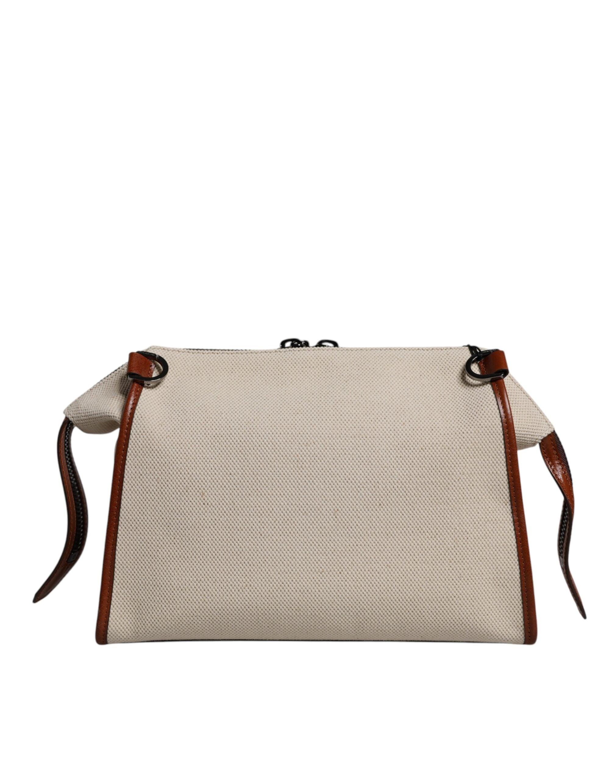 Dolce & Gabbana Beige Brown Cotton Leather Duffle Shoulder Bag