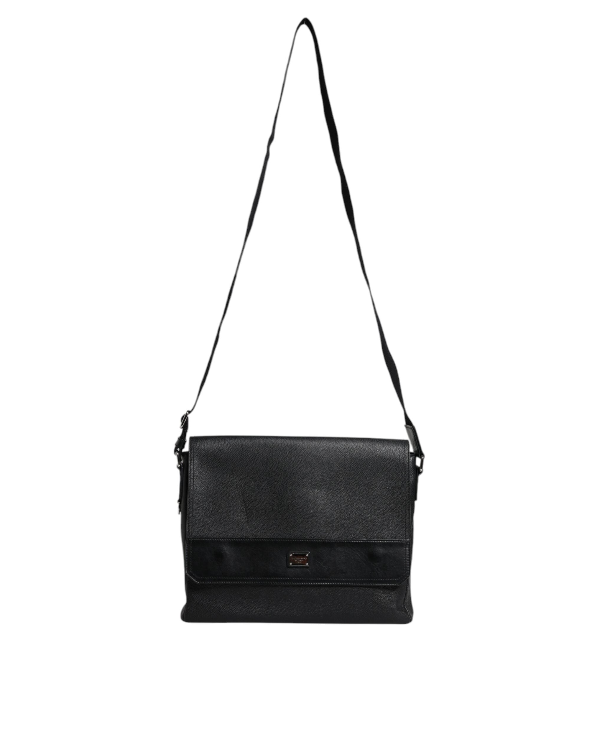 Dolce & Gabbana Black Logo Plaque Leather Messenger Shoulder Strap Bag