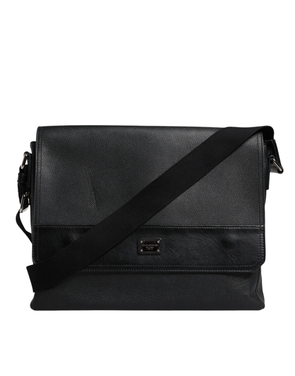 Dolce & Gabbana Black Logo Plaque Leather Messenger Shoulder Strap Bag