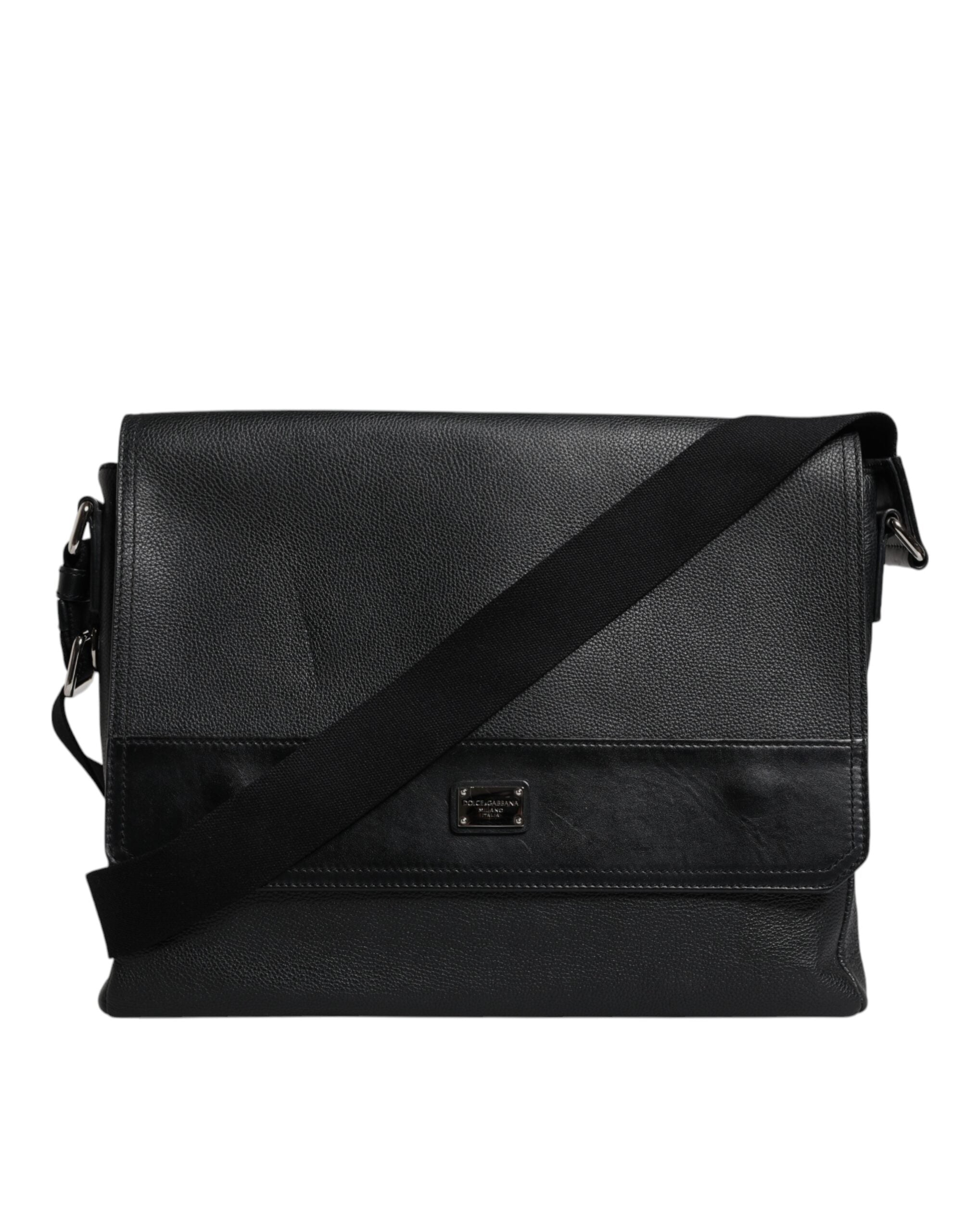 Dolce & Gabbana Black Logo Plaque Leather Messenger Shoulder Strap Bag