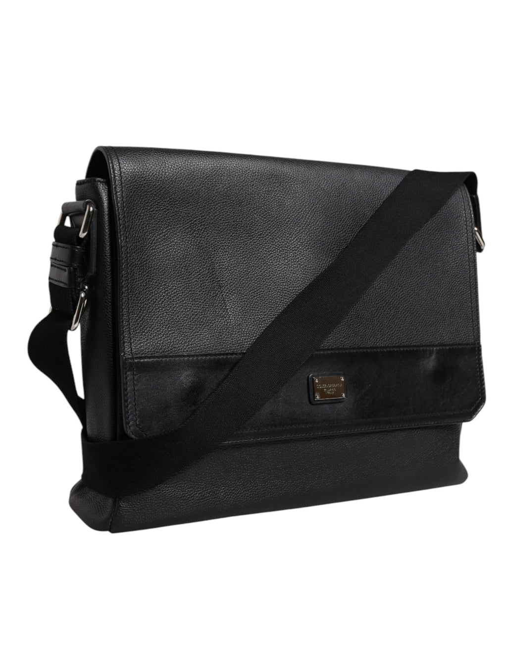 Dolce & Gabbana Black Logo Plaque Leather Messenger Shoulder Strap Bag