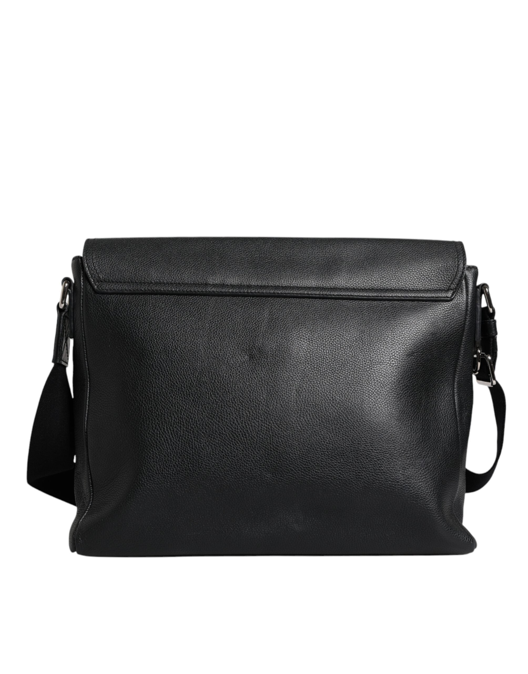 Dolce & Gabbana Black Logo Plaque Leather Messenger Shoulder Strap Bag