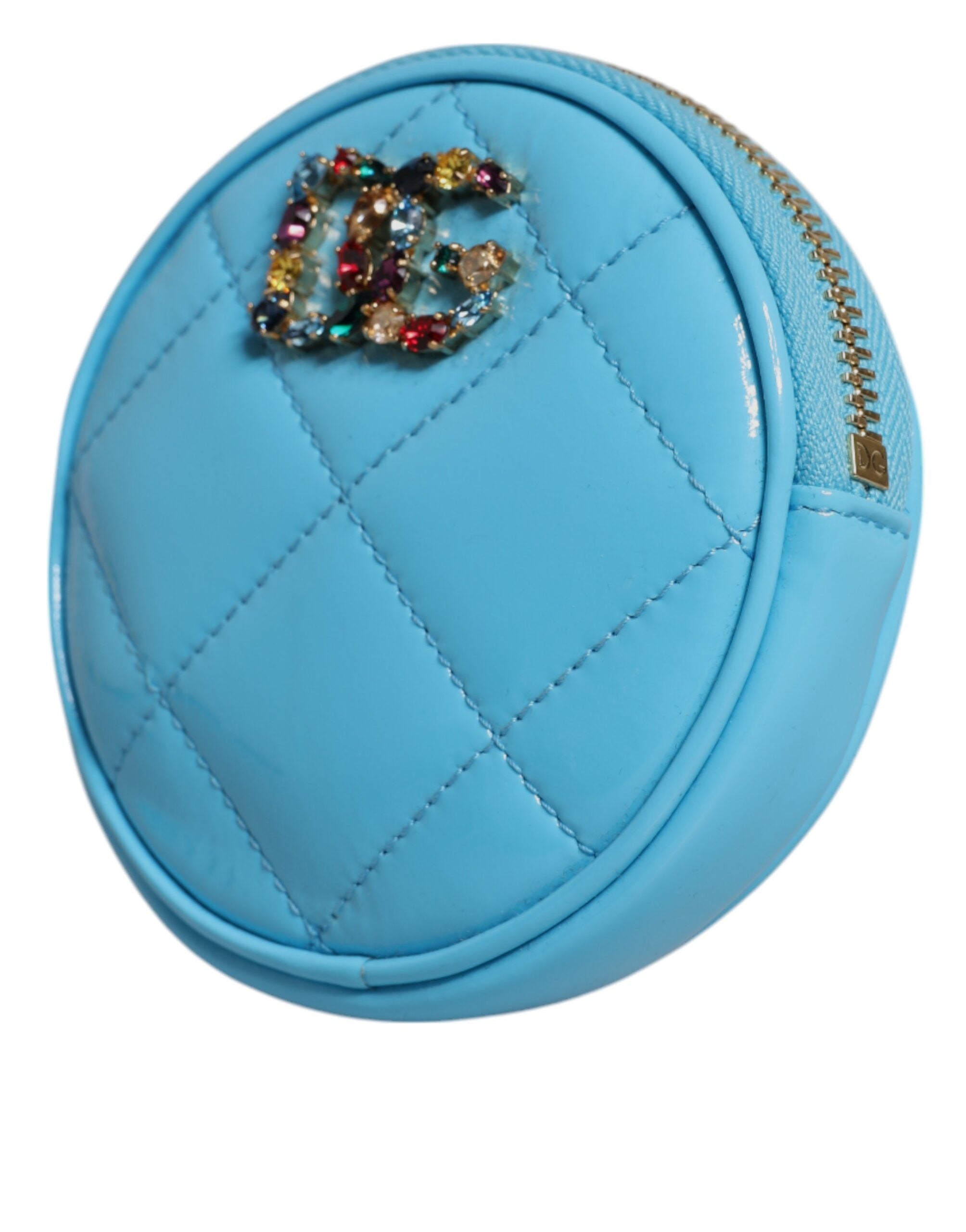 Dolce & Gabbana Light Blue Lamb Leather DG Crystal Round Coin Purse Wallet