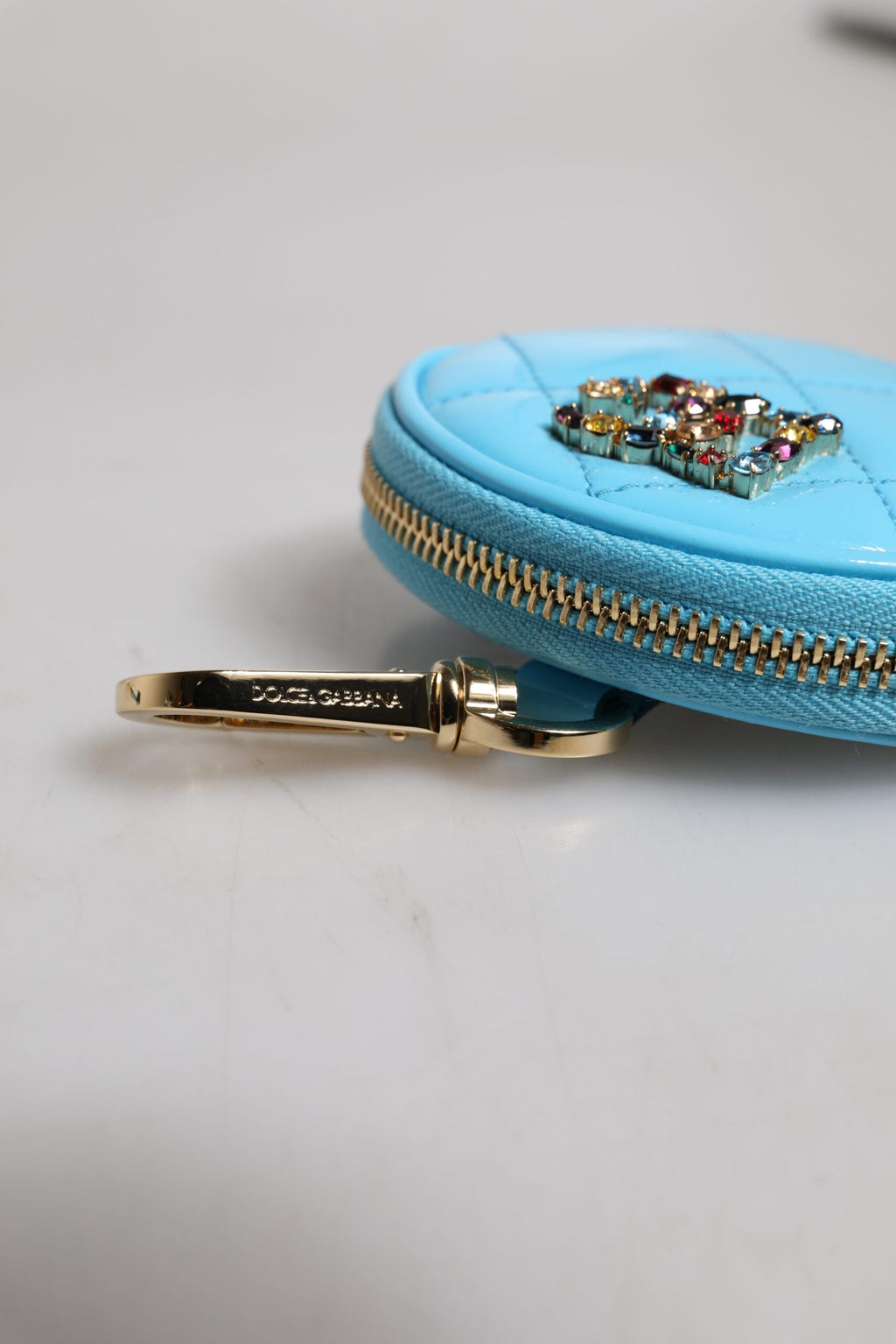 Dolce & Gabbana Light Blue Lamb Leather DG Crystal Round Coin Purse Wallet