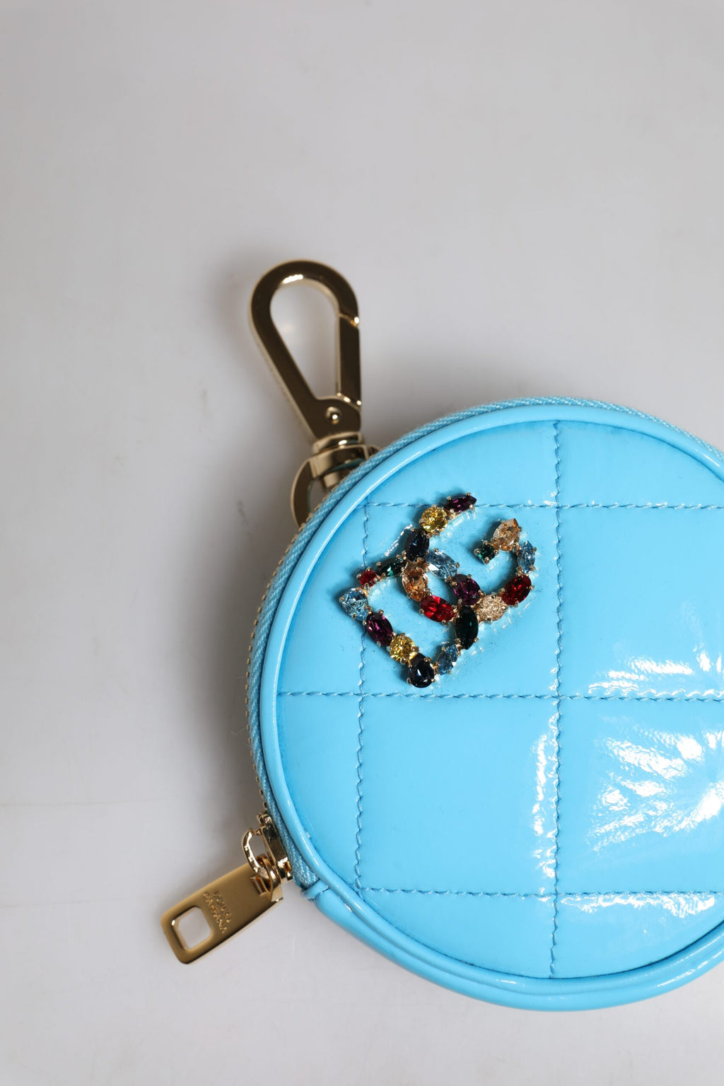 Dolce & Gabbana Light Blue Lamb Leather DG Crystal Round Coin Purse Wallet