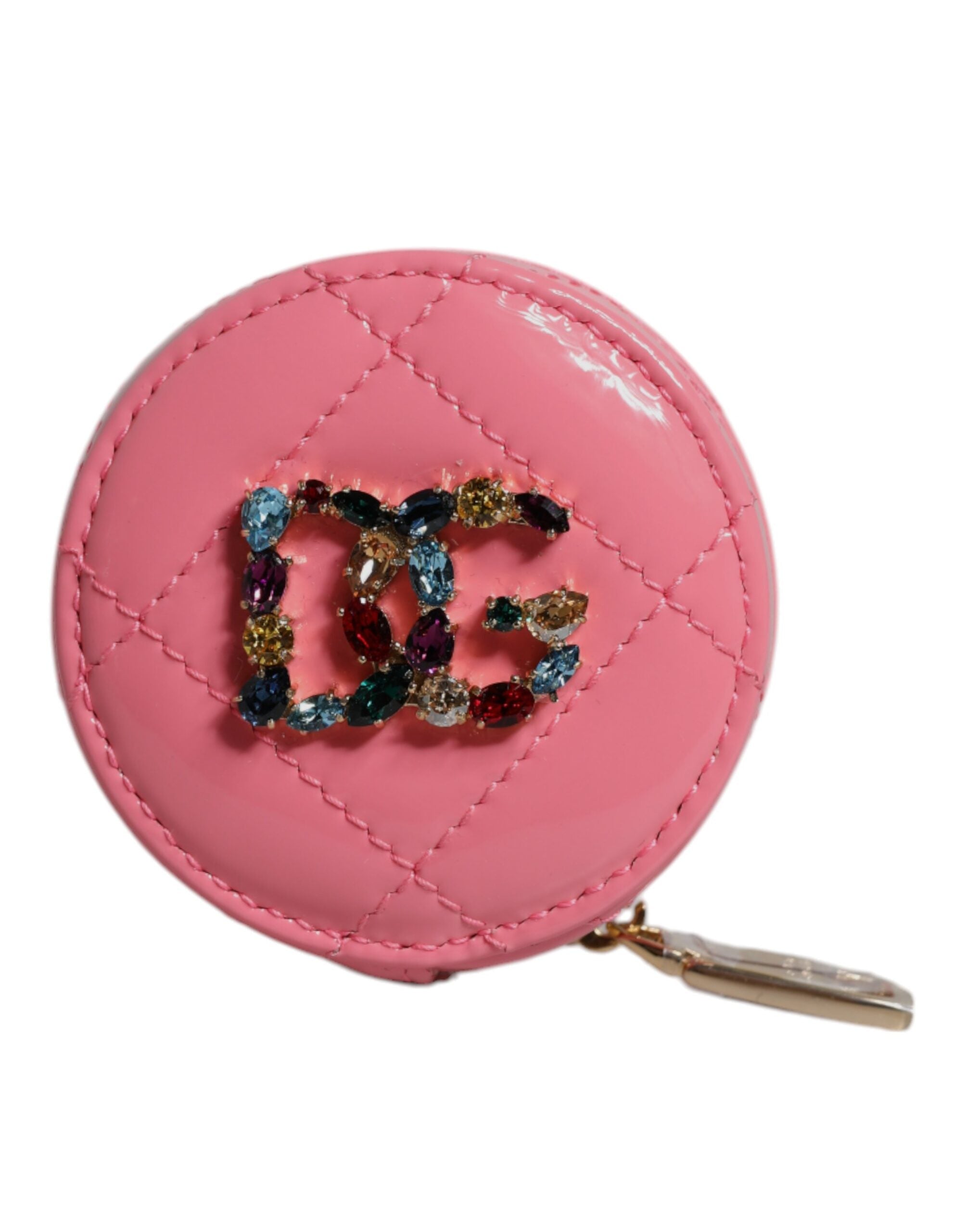 Dolce & Gabbana Pink Lamb Leather DG Crystal Round Coin Purse Wallet