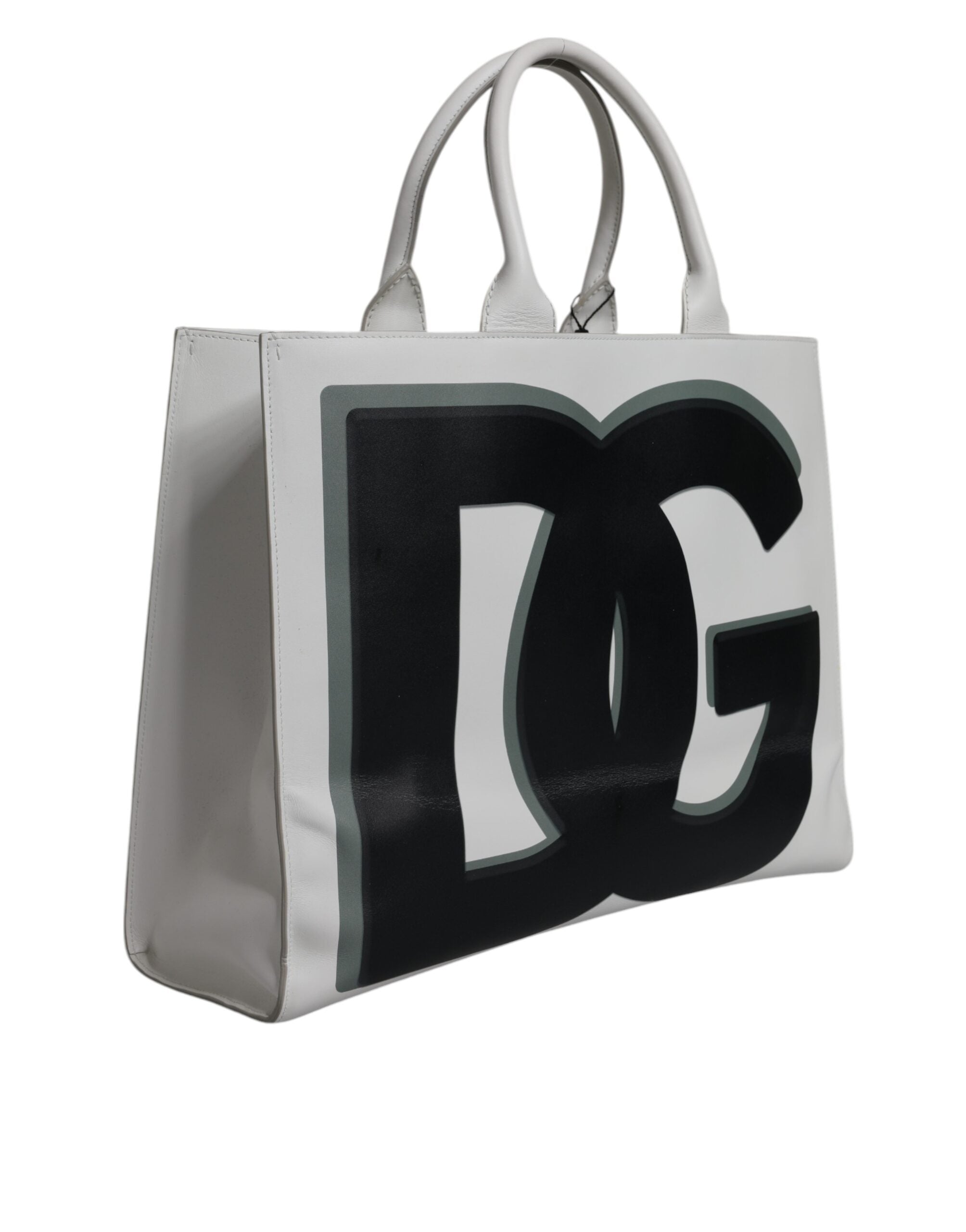 Dolce & Gabbana White Logo Print DG Daily Calfskin Shopping Tote Bag